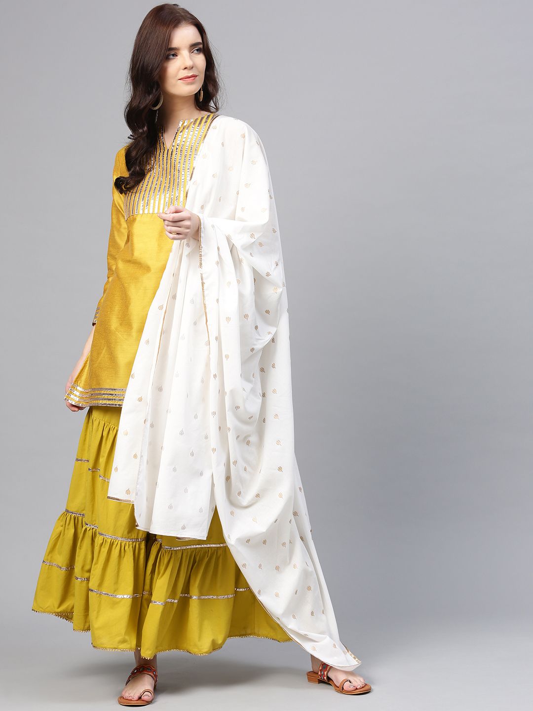 Bhama Couture Women Mustard Yellow Striped Kurta with Sharara Price in India