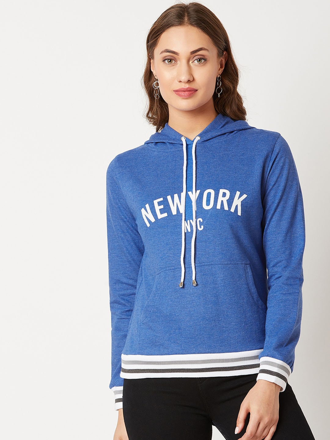 Miss Chase Women Blue & White Printed Hooded Sweatshirt Price in India
