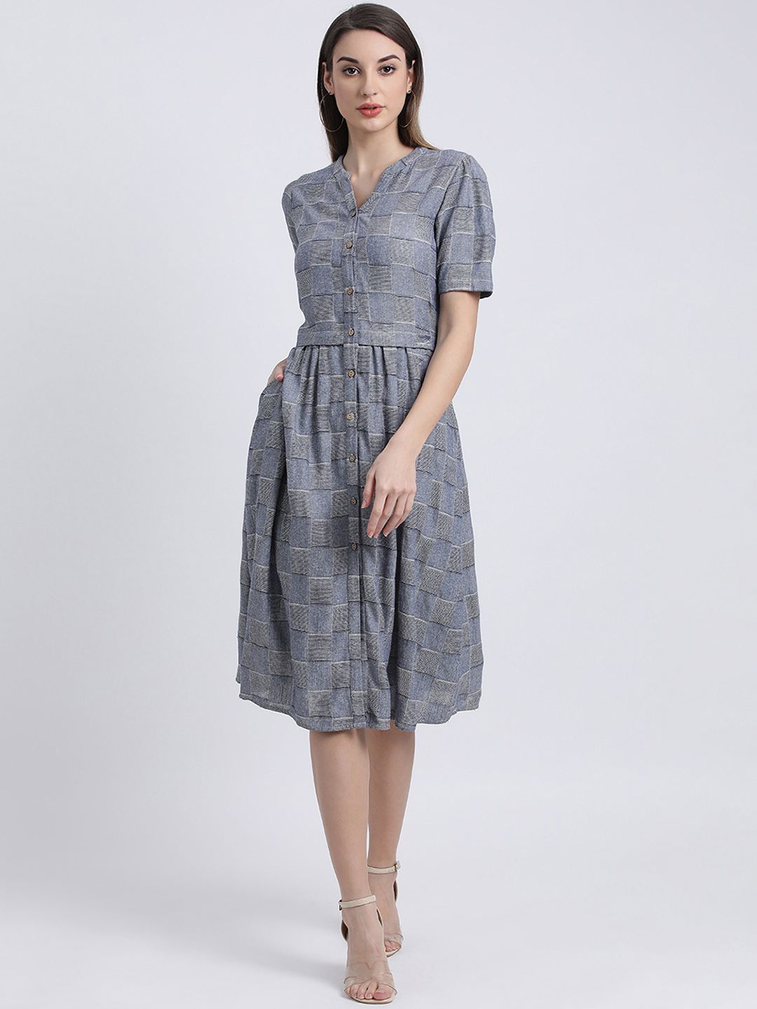 Zink London Women Blue Checked Fit and Flare Dress