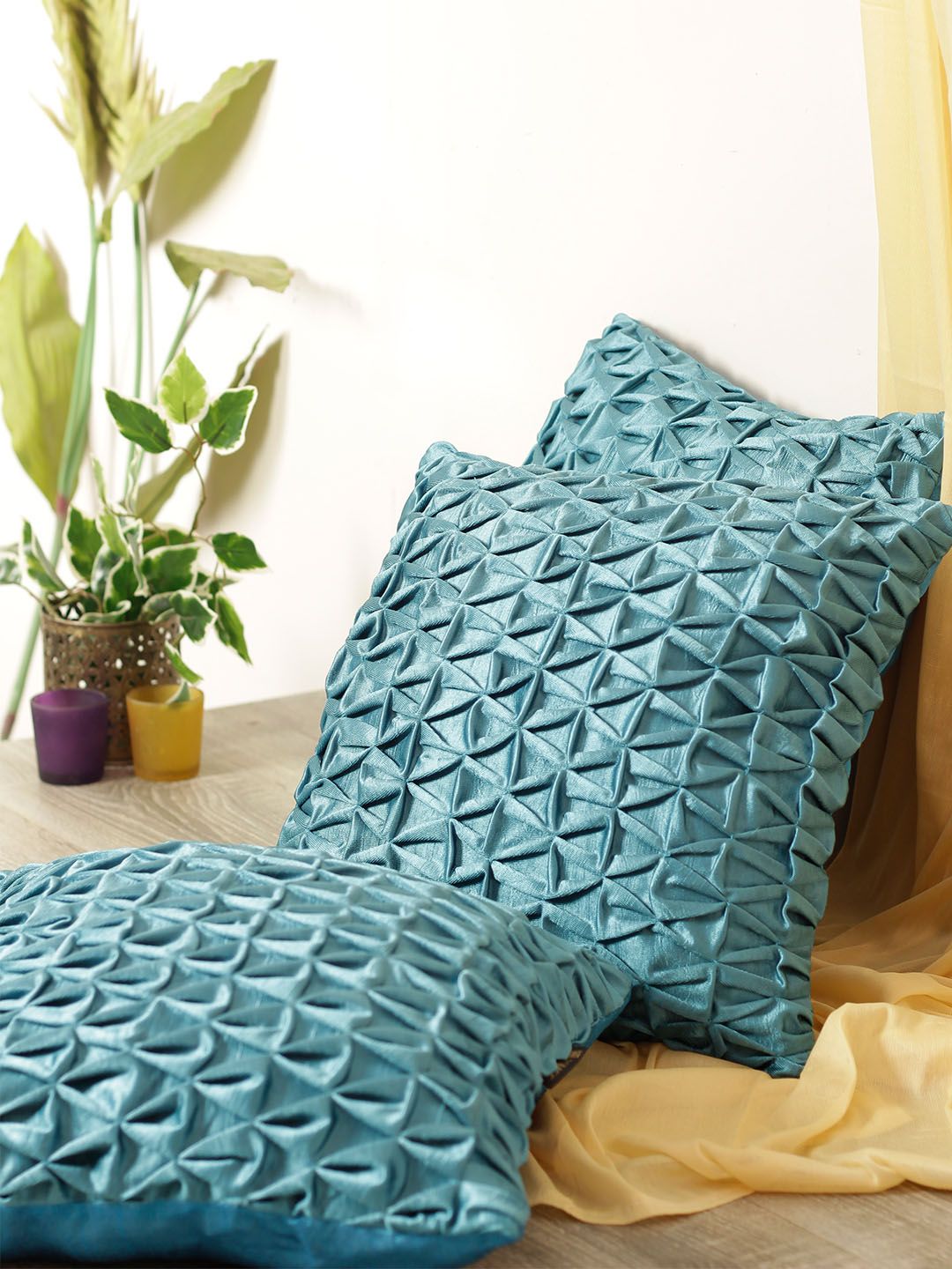 ROMEE Turquoise Blue Set of 3 Geometric Square Cushion Covers Price in India
