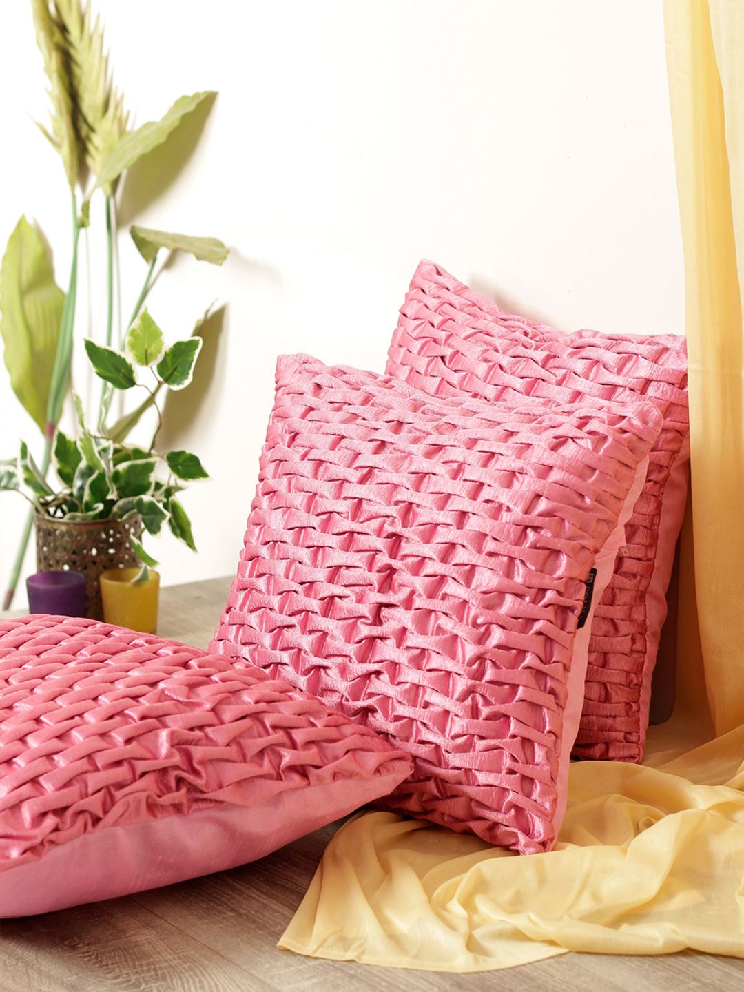 ROMEE Pink Set of 3 Self Design Square Cushion Covers Price in India