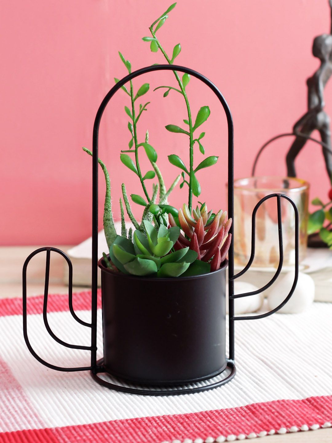 PolliNation Green  Red Artificial Succulent Plant With Black Metal Stand Price in India