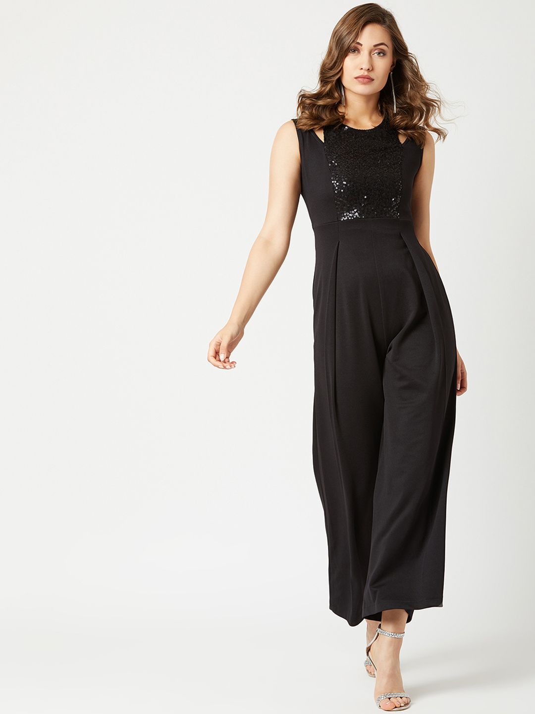 Miss Chase Women Black Solid Sequin Panel Basic Jumpsuit Price in India