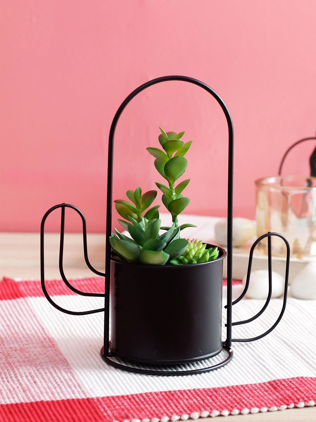 PolliNation Green Artificial Succulent Plant With Black Metal Stand Price in India