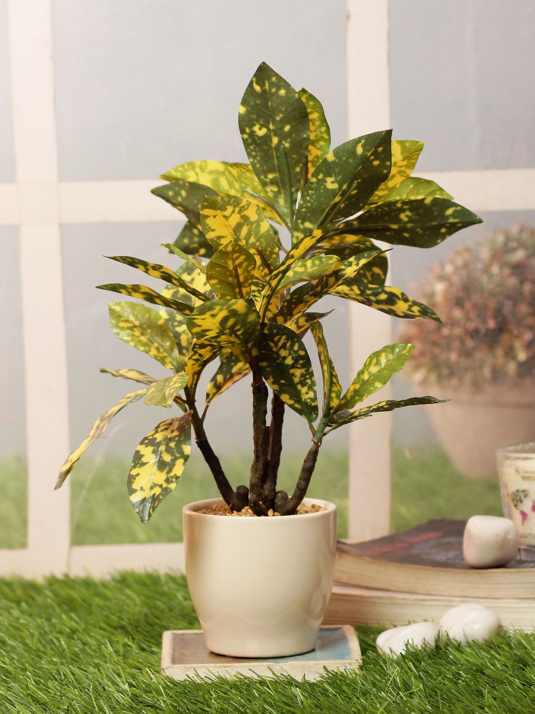 PolliNation Green  Yellow Artificial Croton Bonsai With Off-White Ceramic Pot Price in India