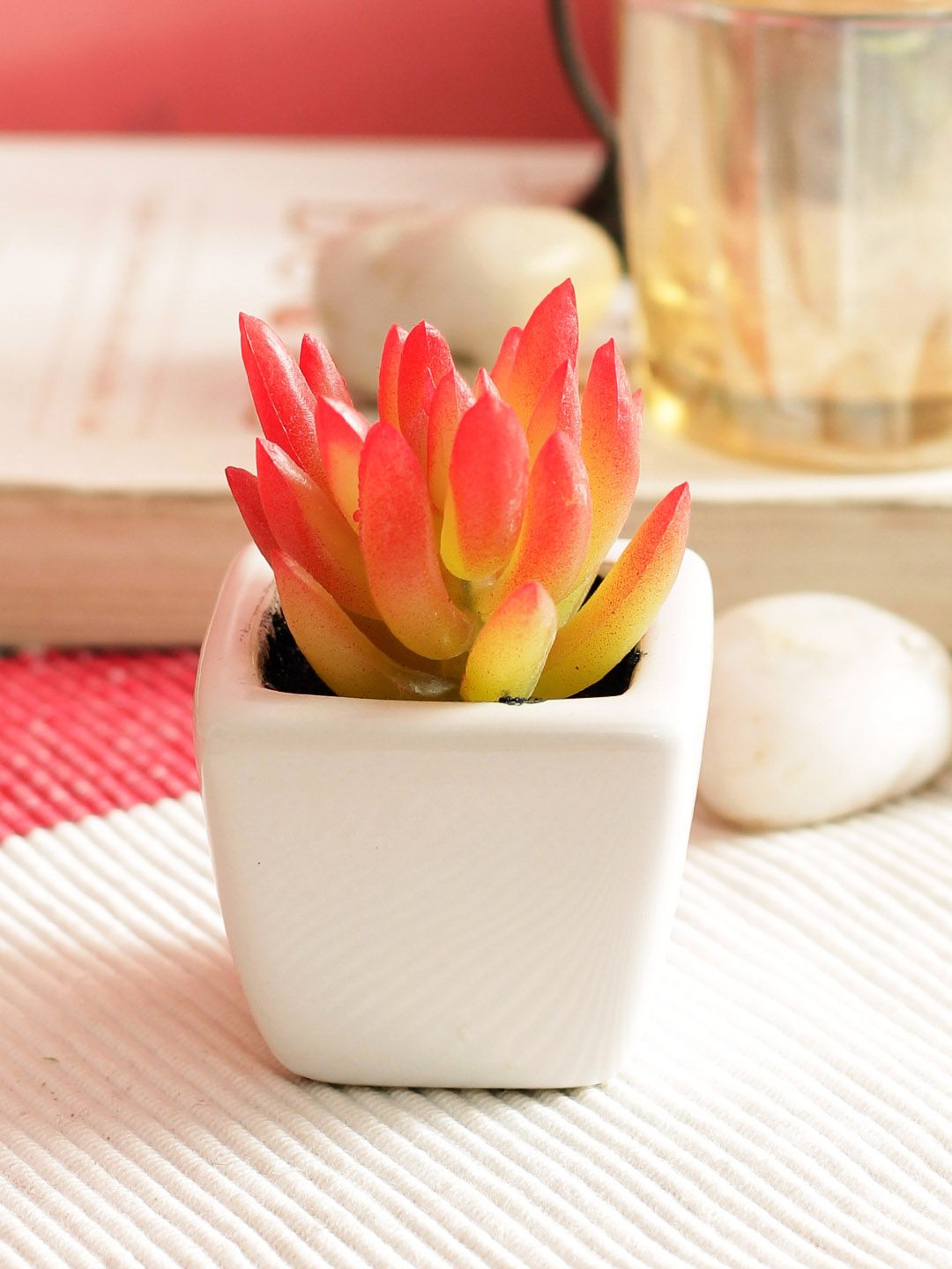 PolliNation Red  Yellow Set of 2 Artificial Succulent Plant With White Ceramic Pot Price in India