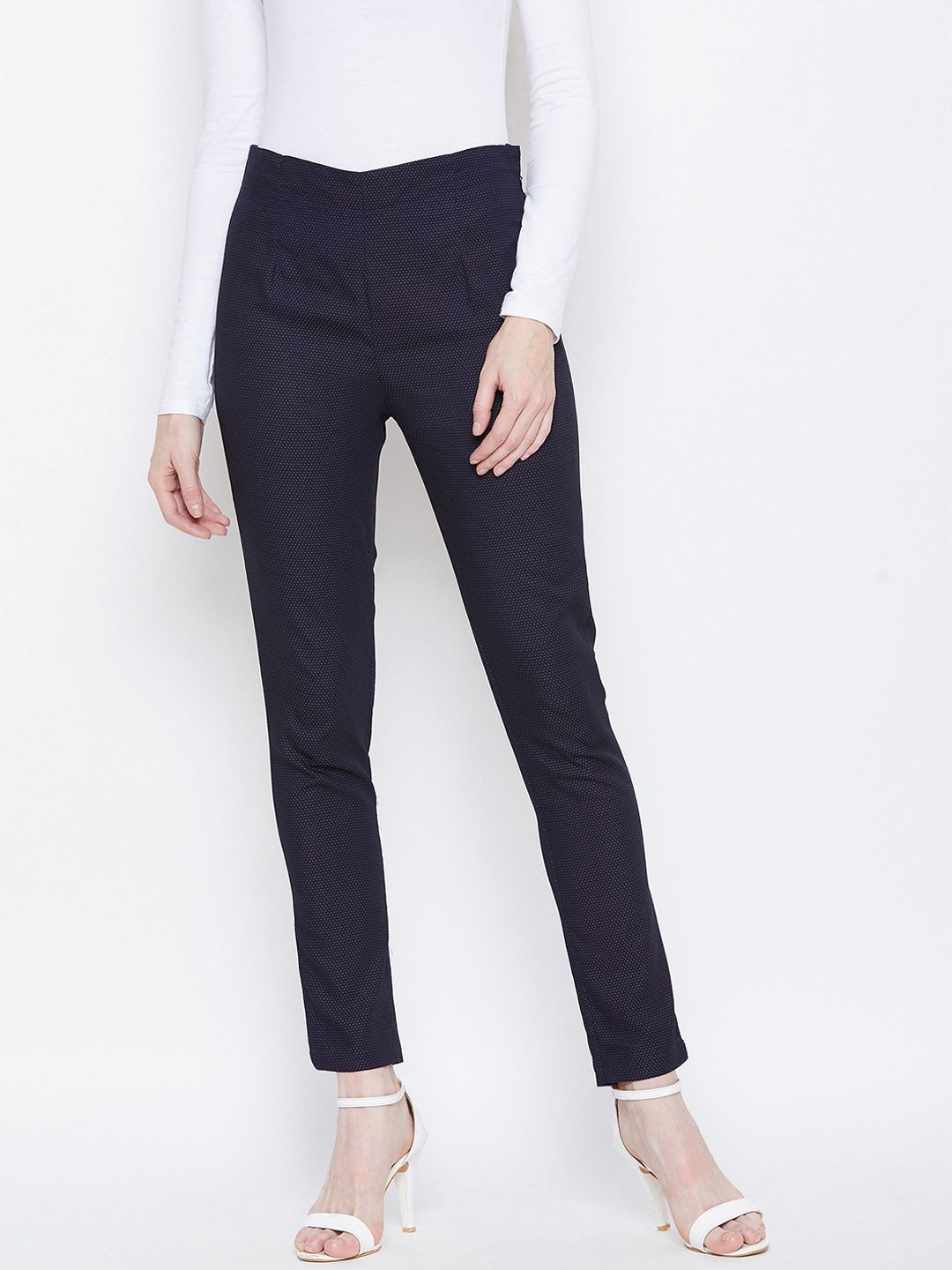 Ruhaans Women Navy Blue & White Smart Regular Fit Printed Peg Trousers Price in India