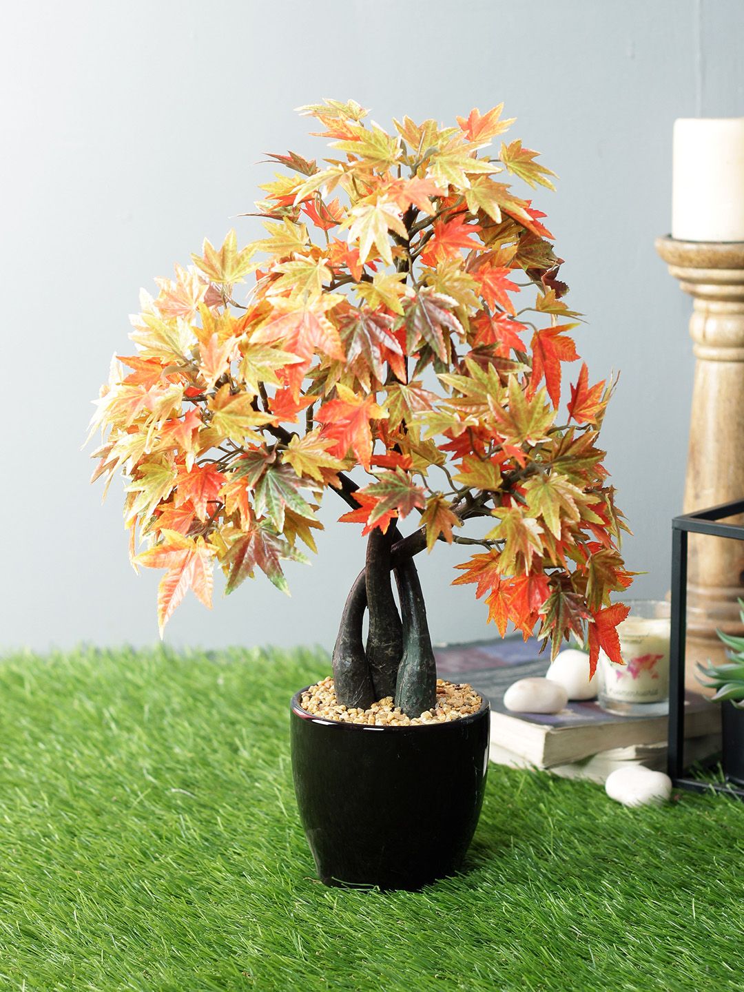 PolliNation Orange  Green Artificial Maple Bonsai With Ceramic Pot Price in India