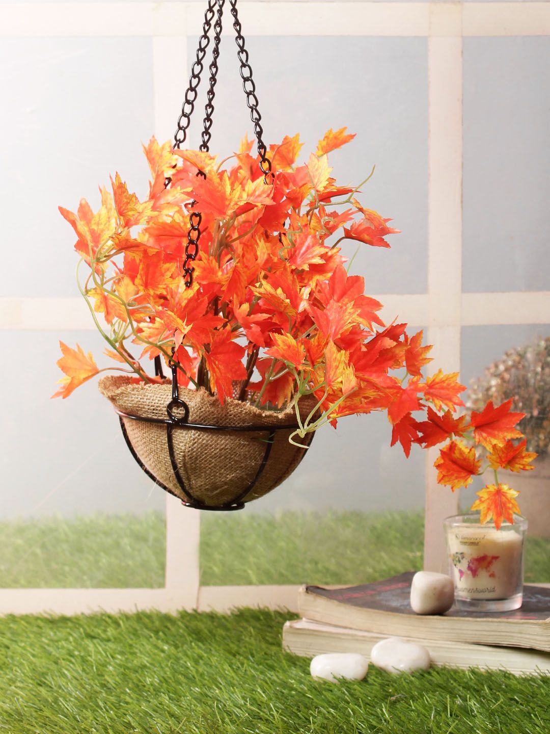 PolliNation Orange Artificial Maple Creeper with Black Hanging Metal Stand Price in India