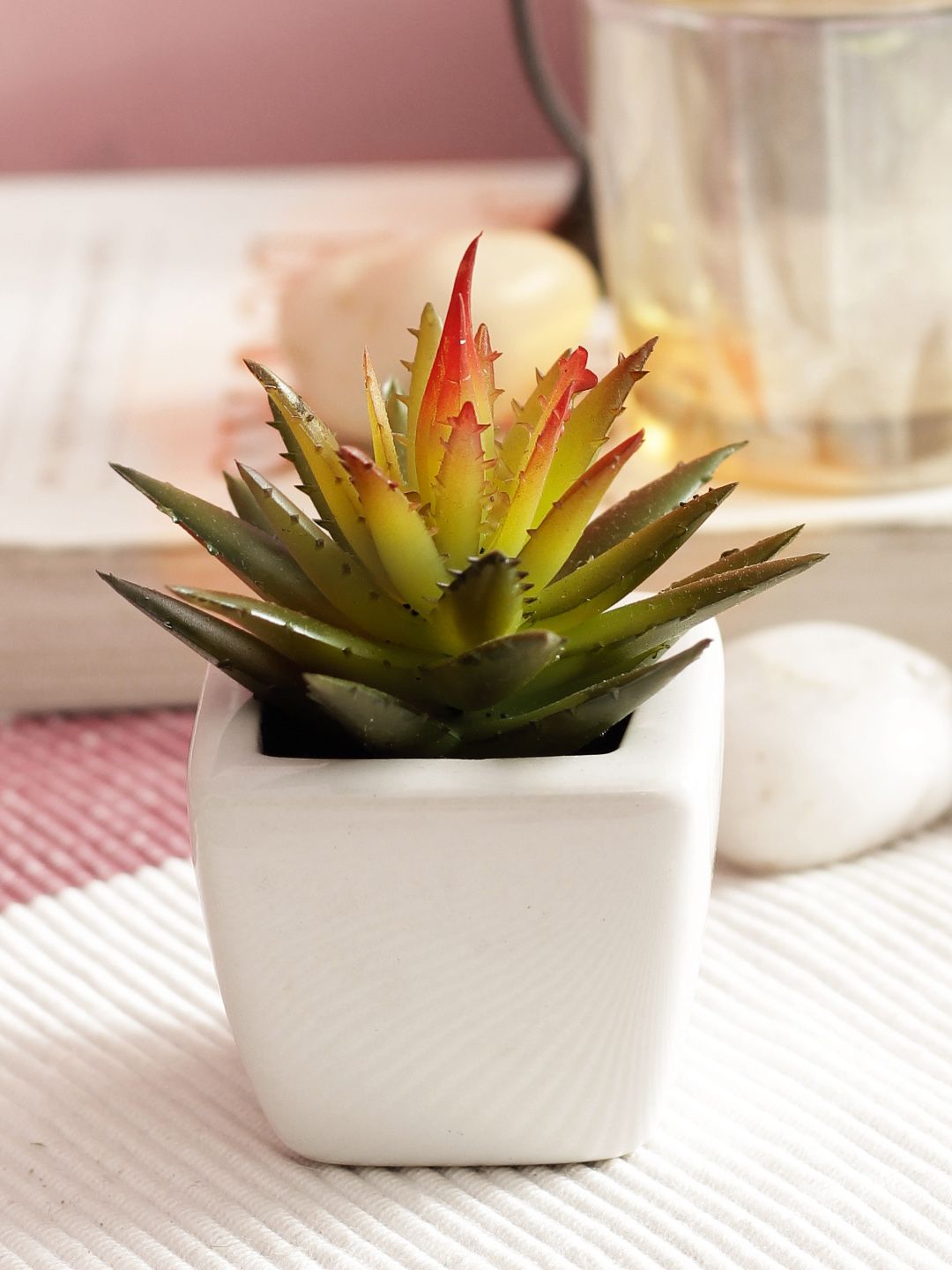 PolliNation Green Set of 2 Artificial Succulent Plant With White Ceramic Pot Price in India