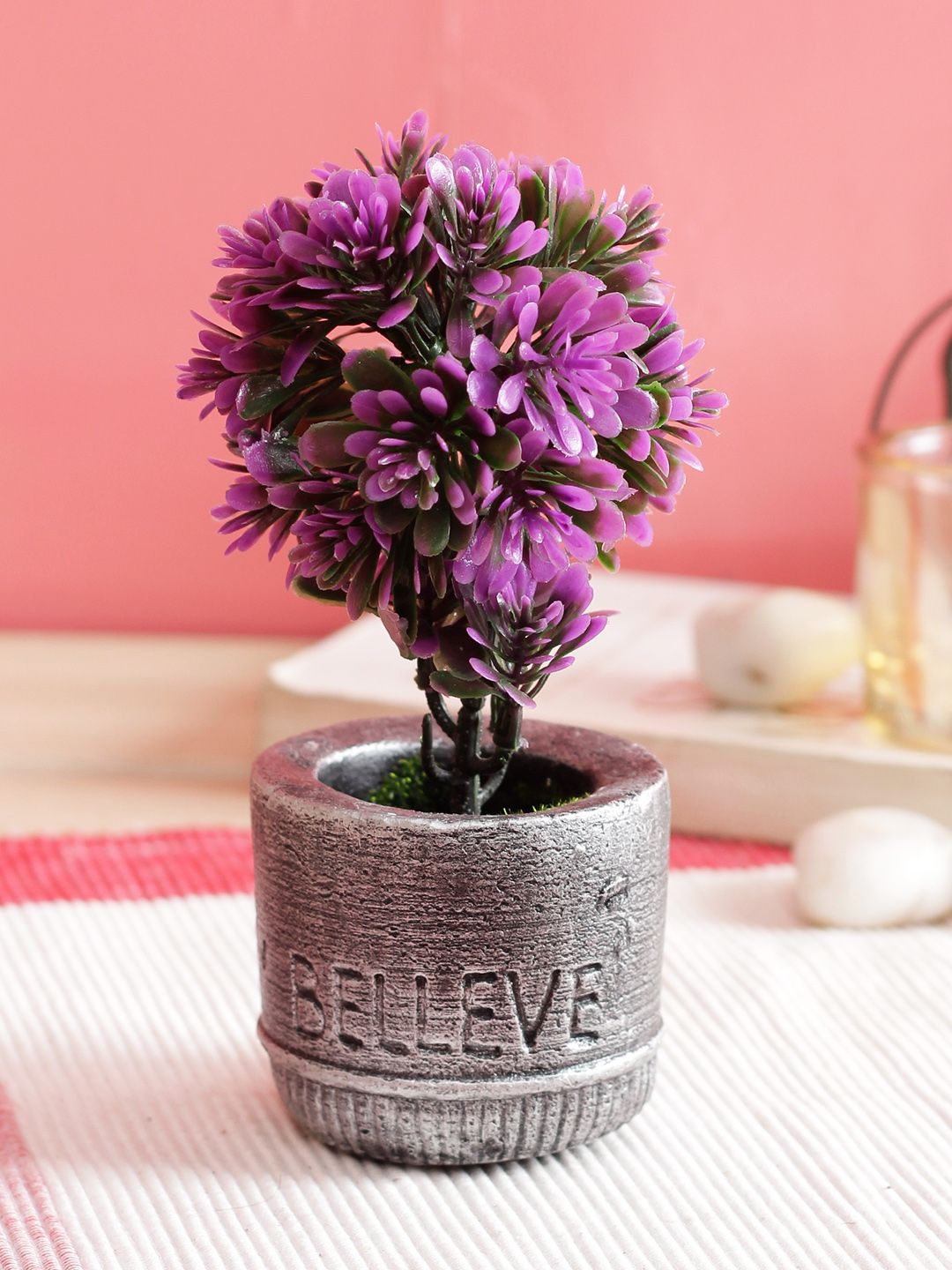 PolliNation Purple  Green Set of 2 Artificial Bonsai Plant With Grey Pot Price in India