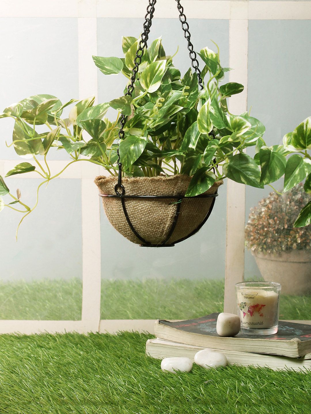 PolliNation Green Artificial Hanging Pothos Creeper Plant with Black Hanging Metal Stand Price in India