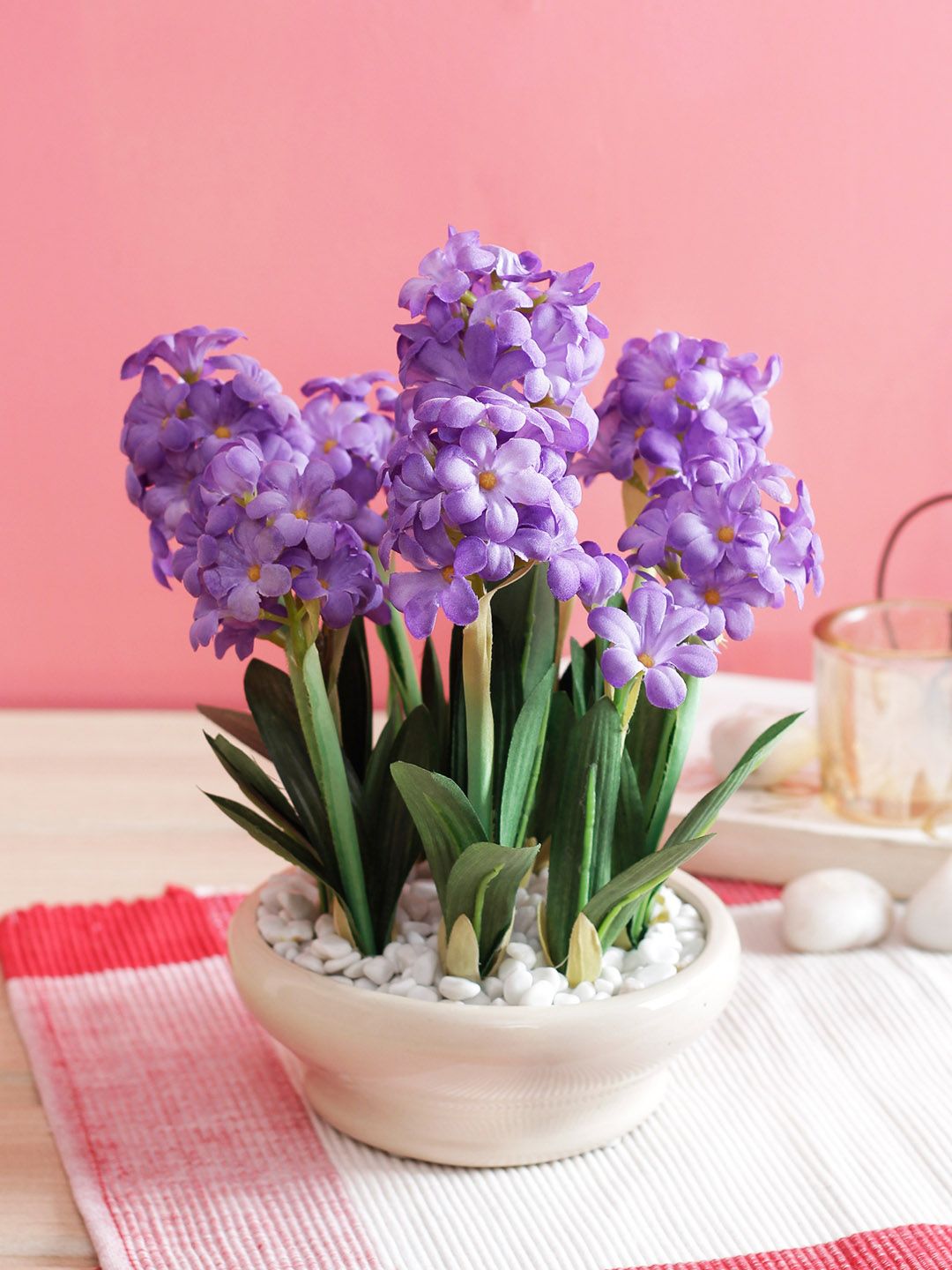 PolliNation Purple Artificial Hyacinth Bonsai With Cream Pot & Pebbles Price in India