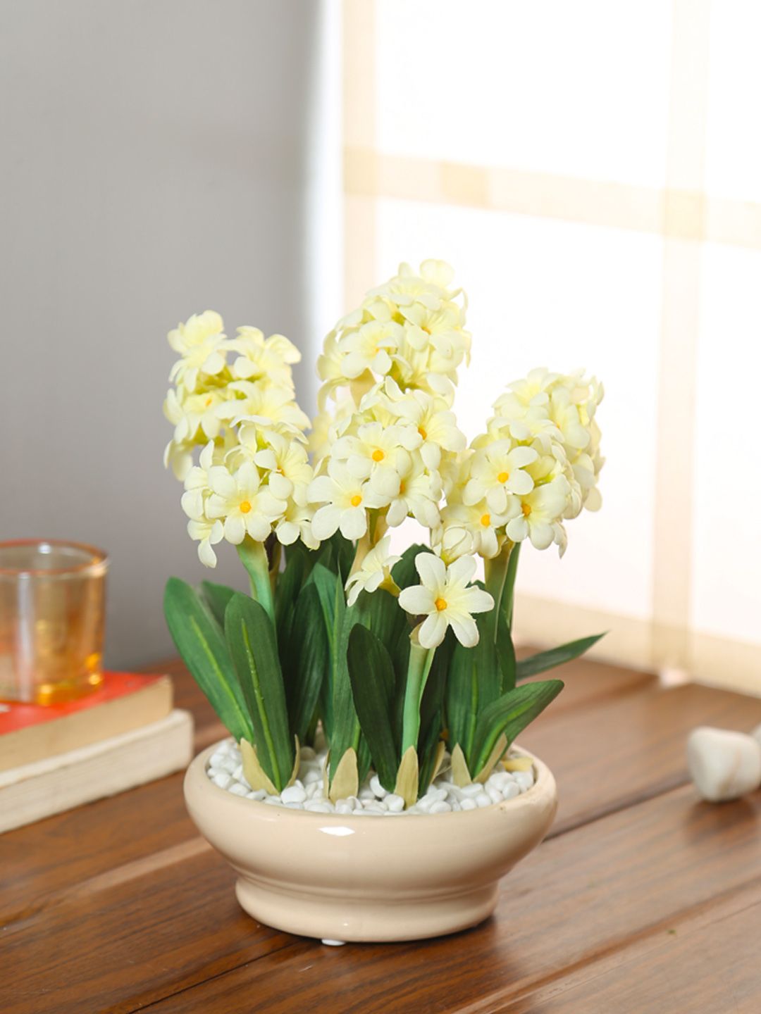 PolliNation Yellow Artificial Hyacinth Bonsai With Cream Pot & Pebbles Price in India