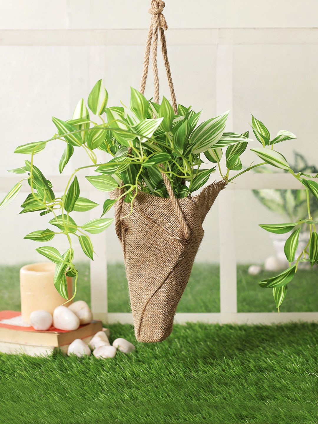 PolliNation Green Artificial Creeper Bonsai Plant with Brown Jute Bag Price in India