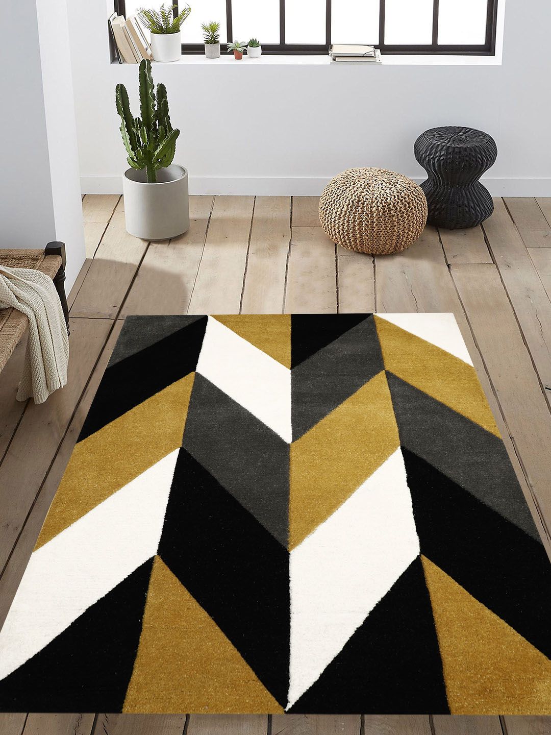 PRESTO Mustard Yellow & White Geometric Printed Hand Tufted Wool Anti-Skid Carpet Price in India
