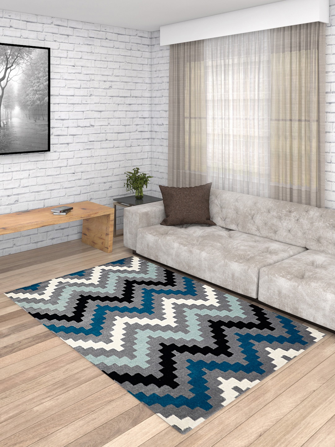 PRESTO Blue & Grey Geometric Patterned Anti-Skid Woolen Hand Tufted Carpet Price in India