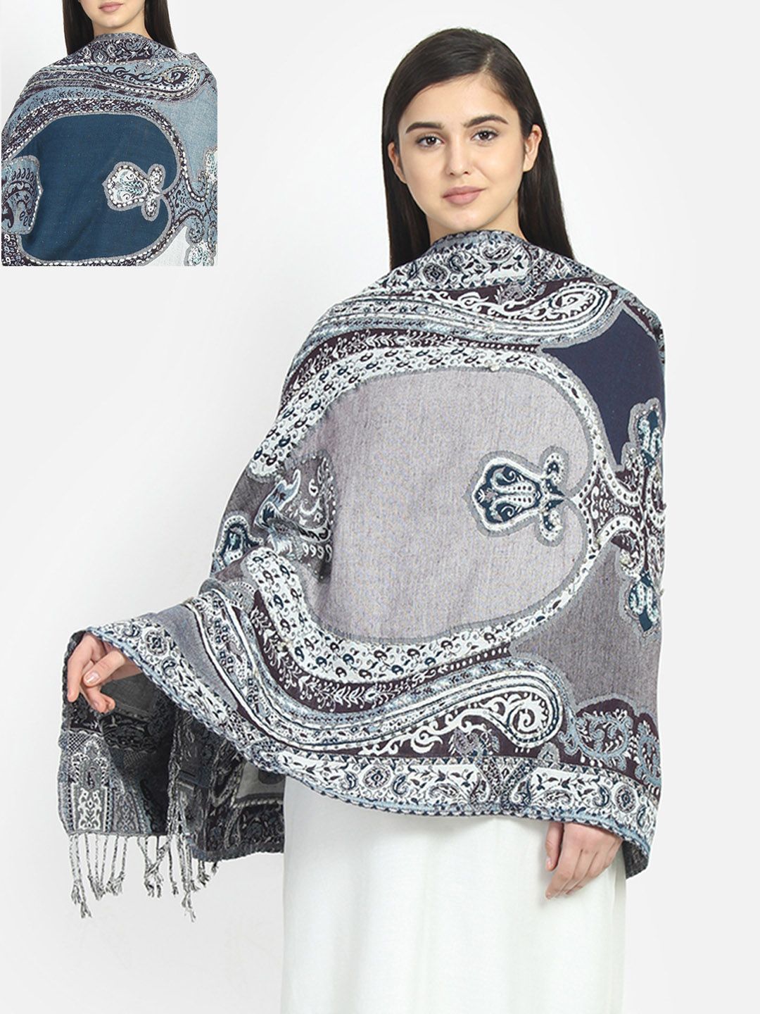 Anekaant Women Blue & Off-White Paisley Printed Reversible Shawl Price in India