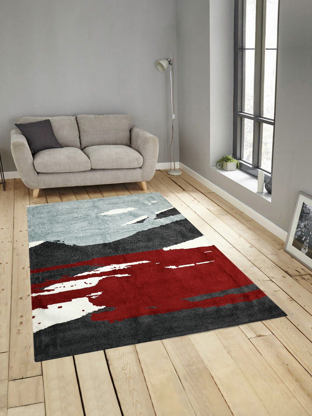 PRESTO Charcoal Grey & Red Abstract Patterned Heavy Shaggy Anti-Skid Carpet Price in India