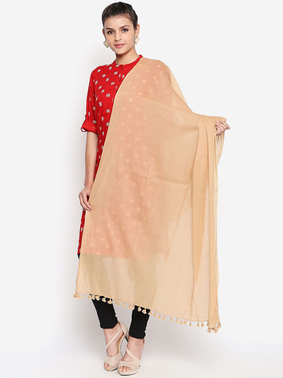 RANGMANCH BY PANTALOONS Beige Solid Pure Cotton Dupatta Price in India