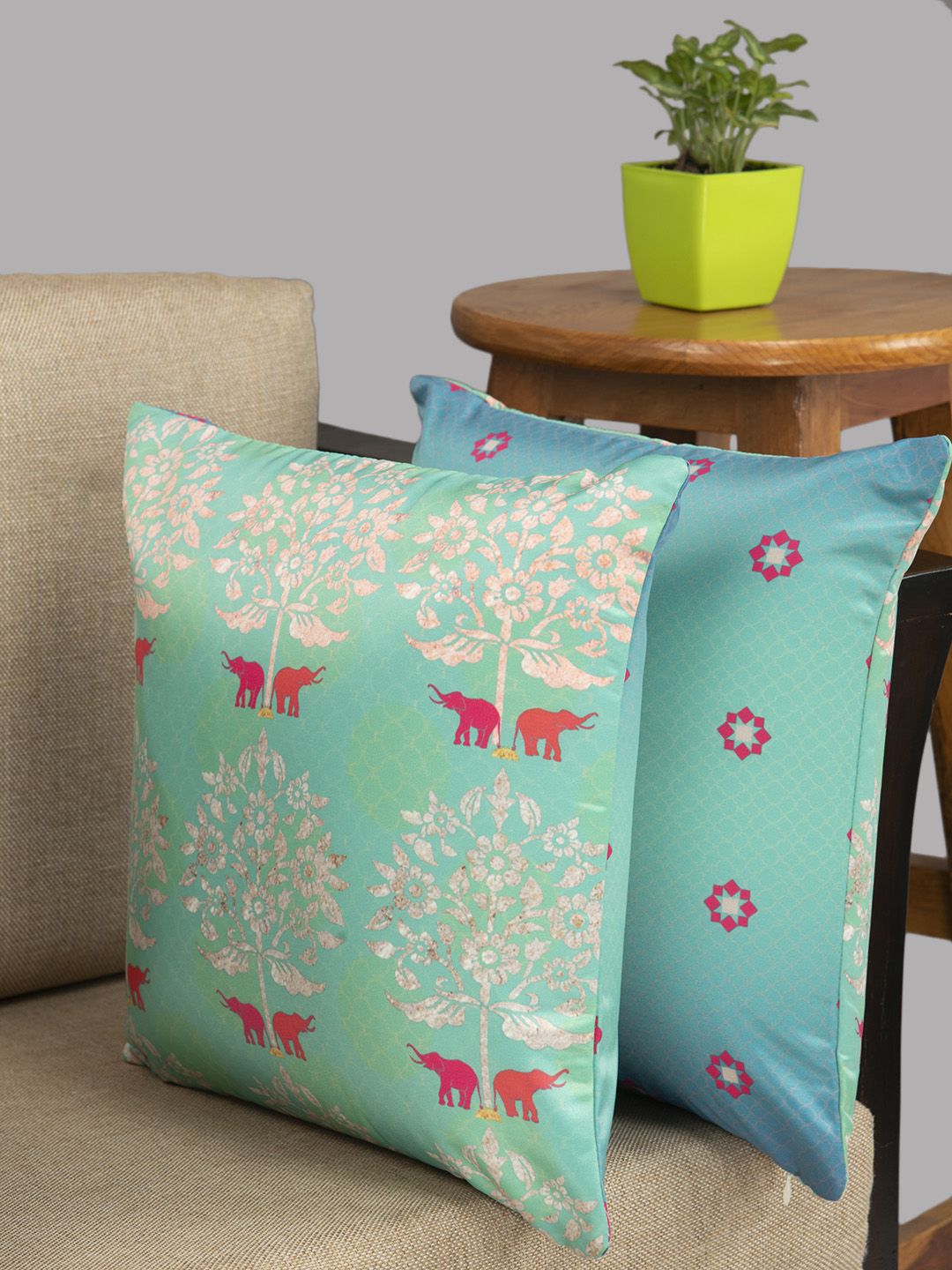 HOUZZCODE Sea Green Set of 2 Ethnic Motifs Square Cushion Covers Price in India