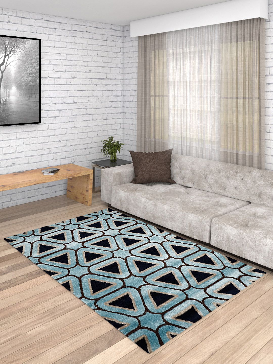 PRESTO Blue & Navy Blue Geometric Anti-Skid Carpet Price in India