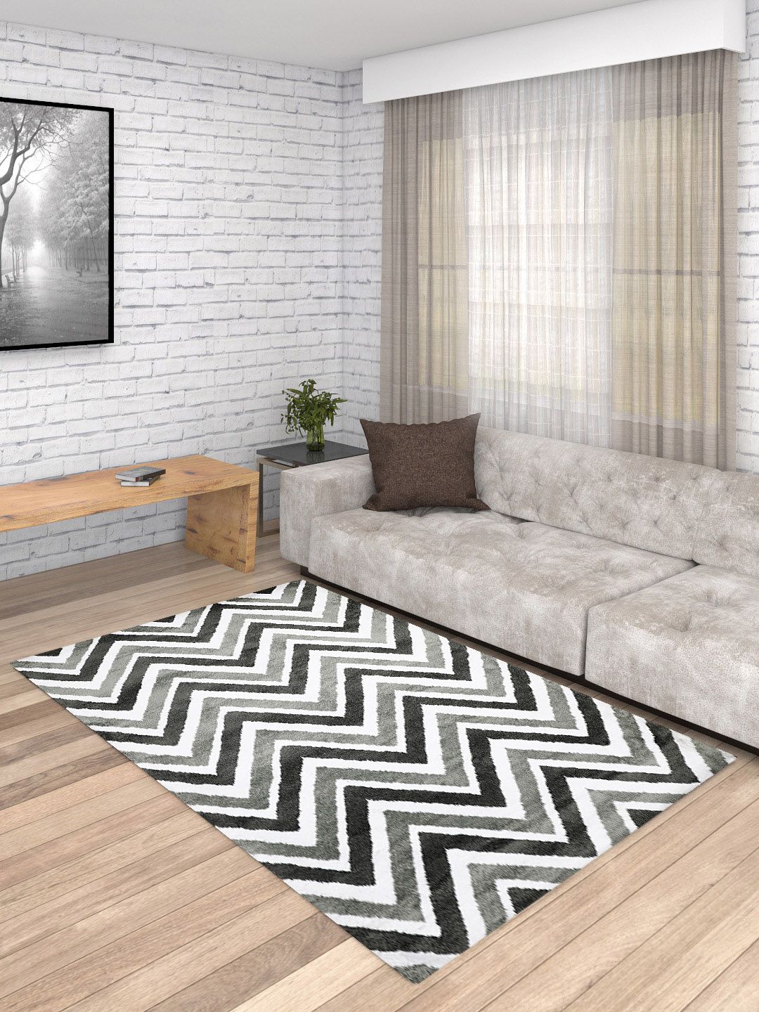 PRESTO Grey & White Chevron Patterned Anti-Skid Carpet Price in India