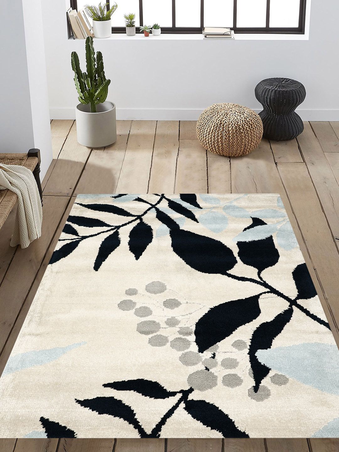 PRESTO Beige & Black Floral Printed Anti-Skid Carpet Price in India