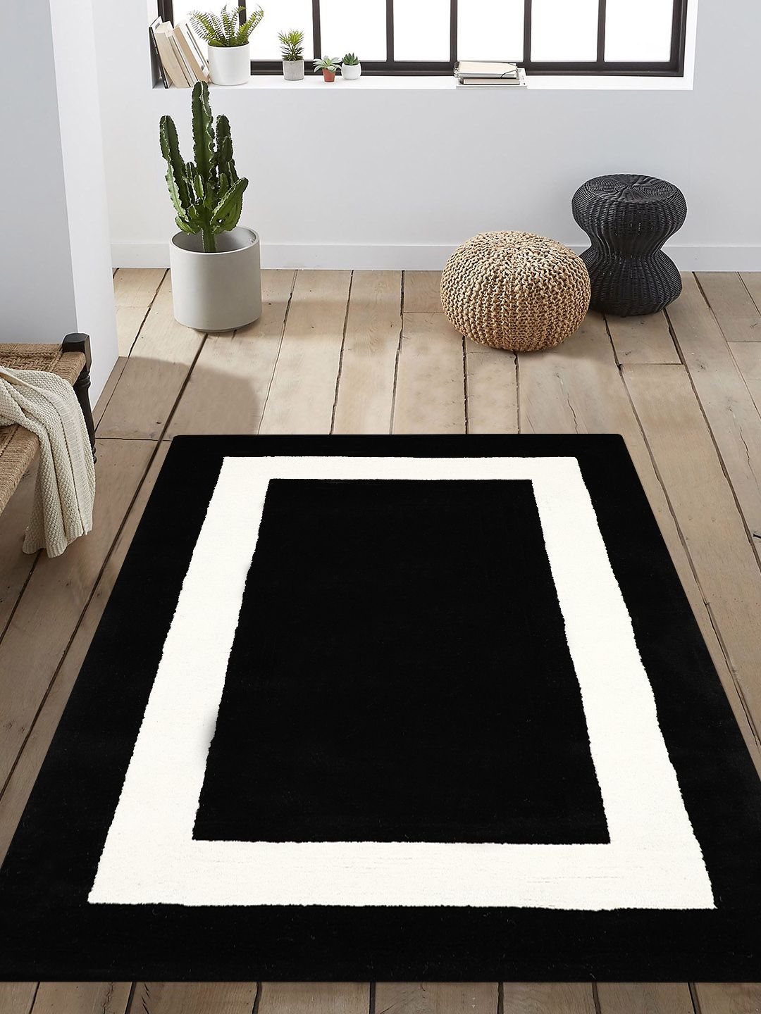PRESTO Black & White Colourblocked Anti-Skid Hand Tufted Woolen Carpet Price in India