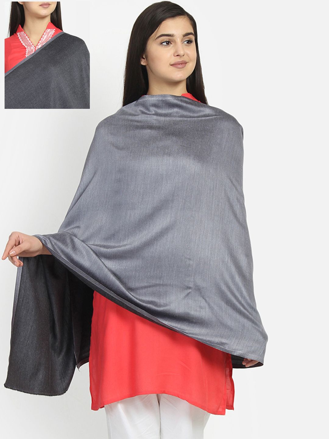 Anekaant Women Silver-Coloured & Grey Solid Reversible Shawl Price in India