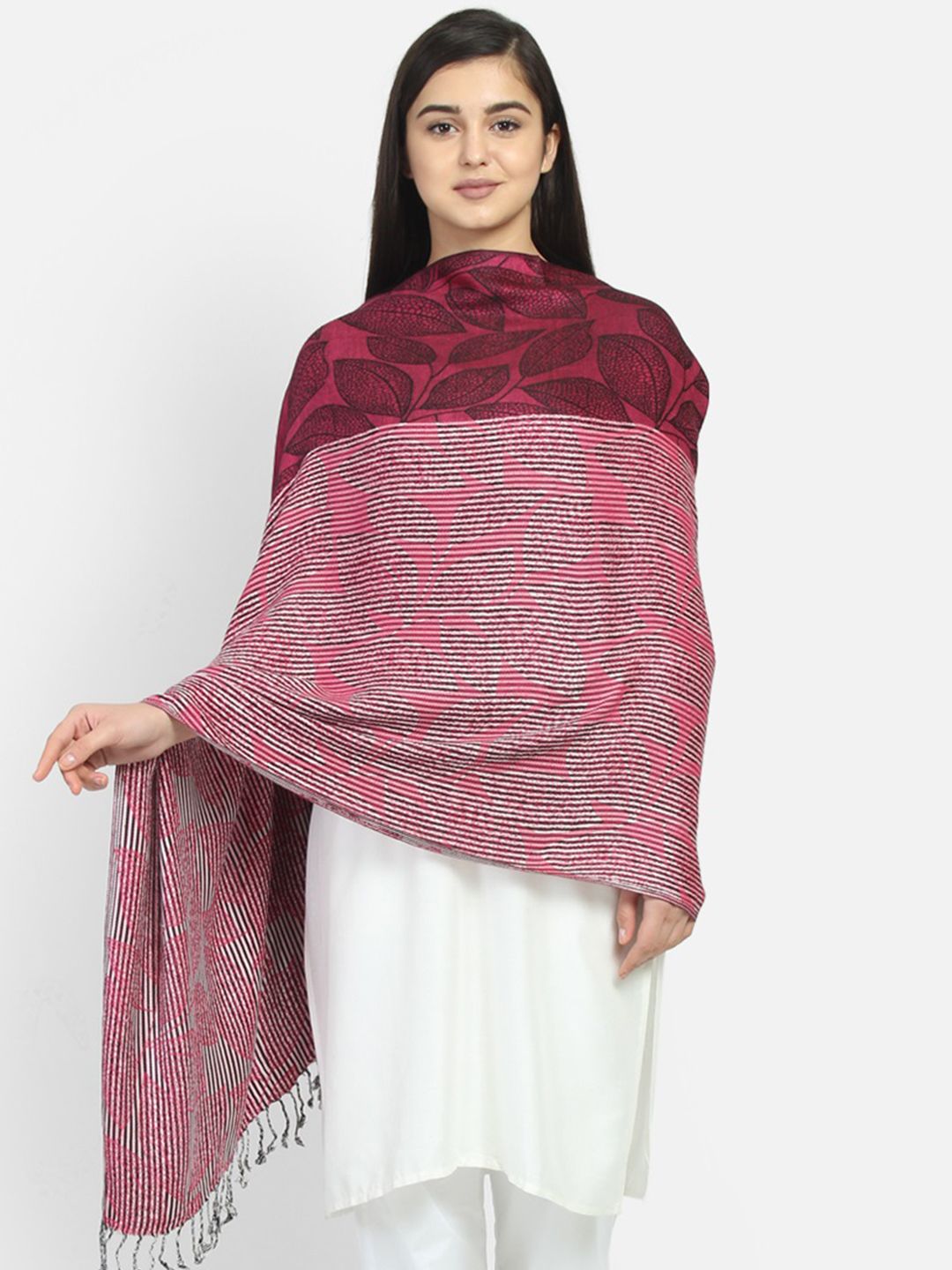 Anekaant Women Pink & Black Botanical Woven Design Shawl Price in India