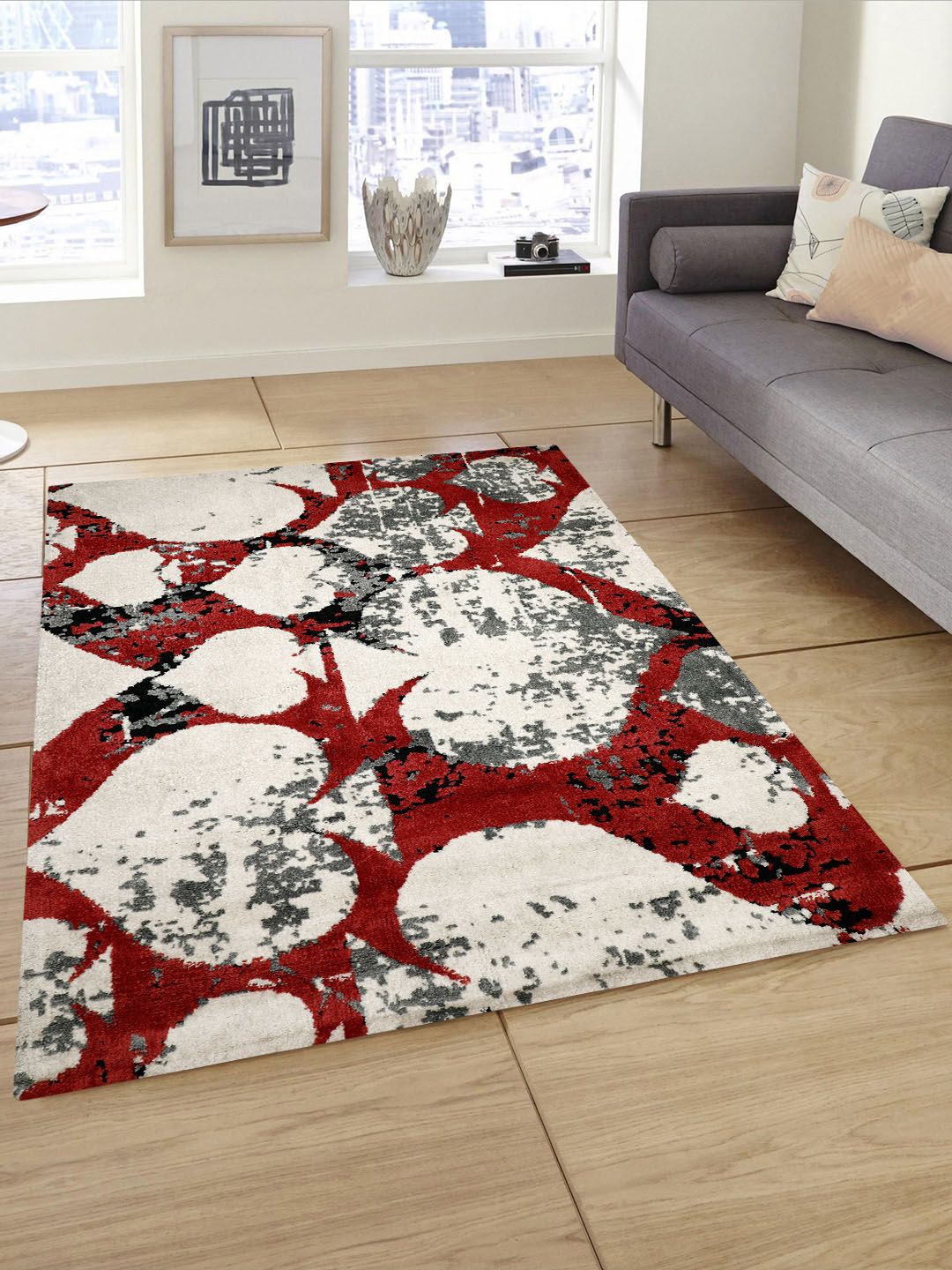 Presto Red & White Abstract Heavy Shaggy Anti-Skid Carpet Price in India