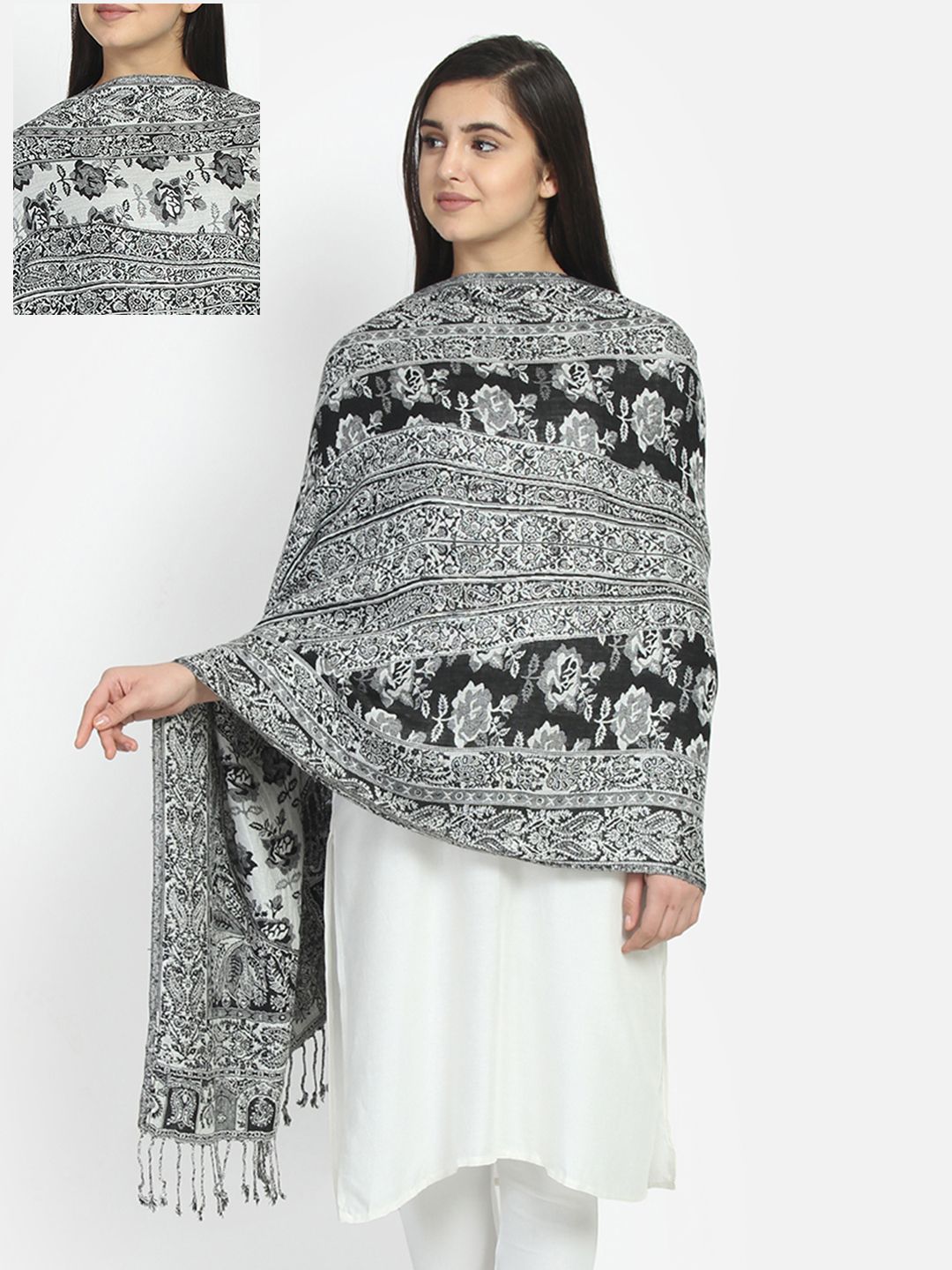 Anekaant Women Black & Grey Woven Design Reversible Shawl Price in India