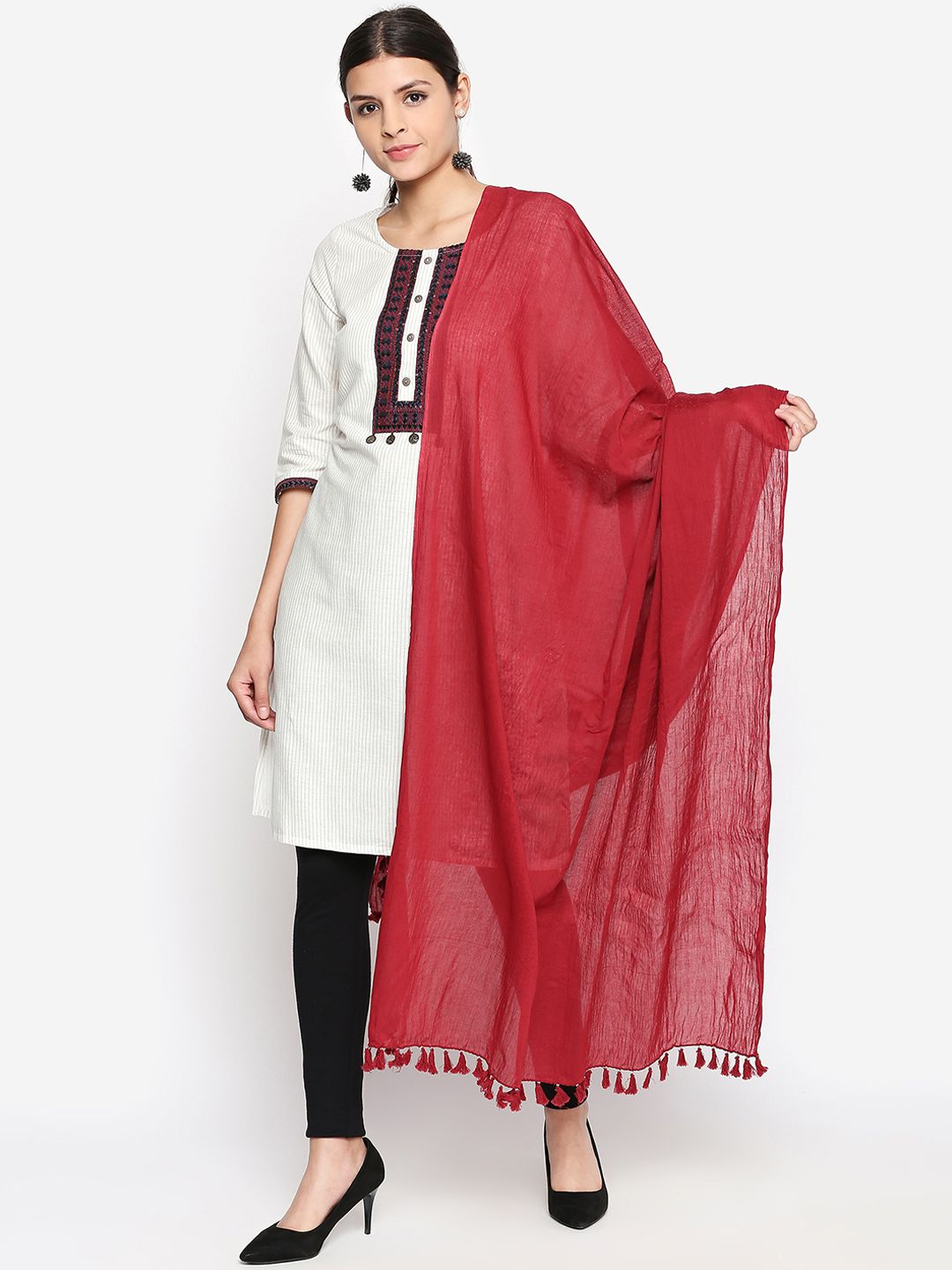 RANGMANCH BY PANTALOONS Red Solid Pure Cotton Dupatta Price in India