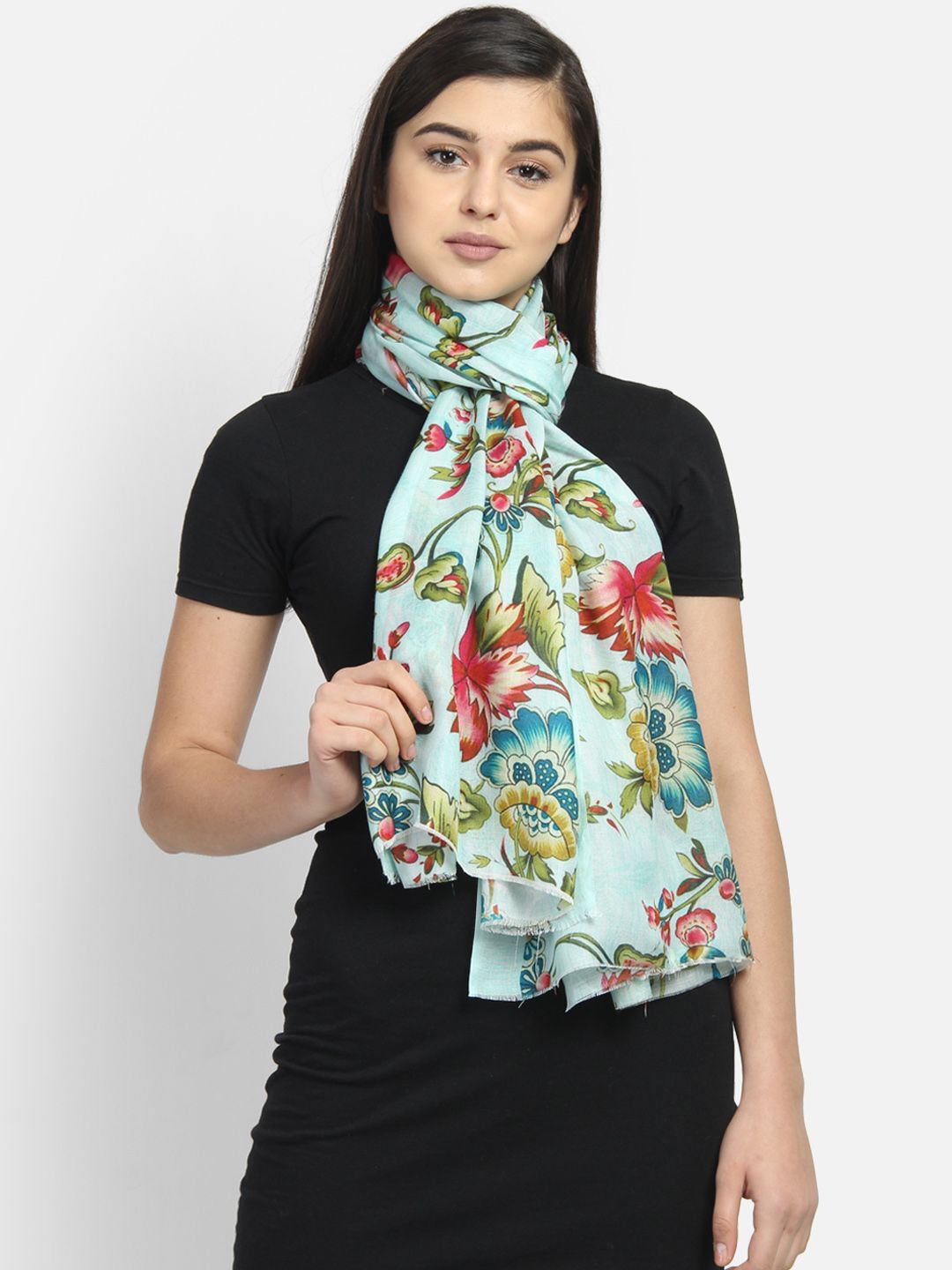 Anekaant Women Turquoise Blue & Red Printed Scarf Price in India