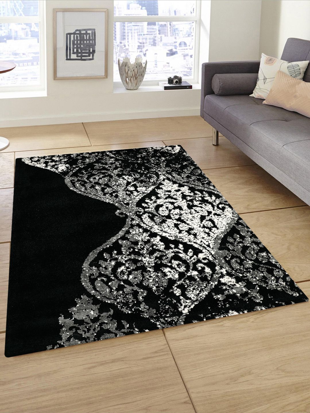 PRESTO Black & Grey Ethnic Patterned Anti-Skid Carpet Price in India