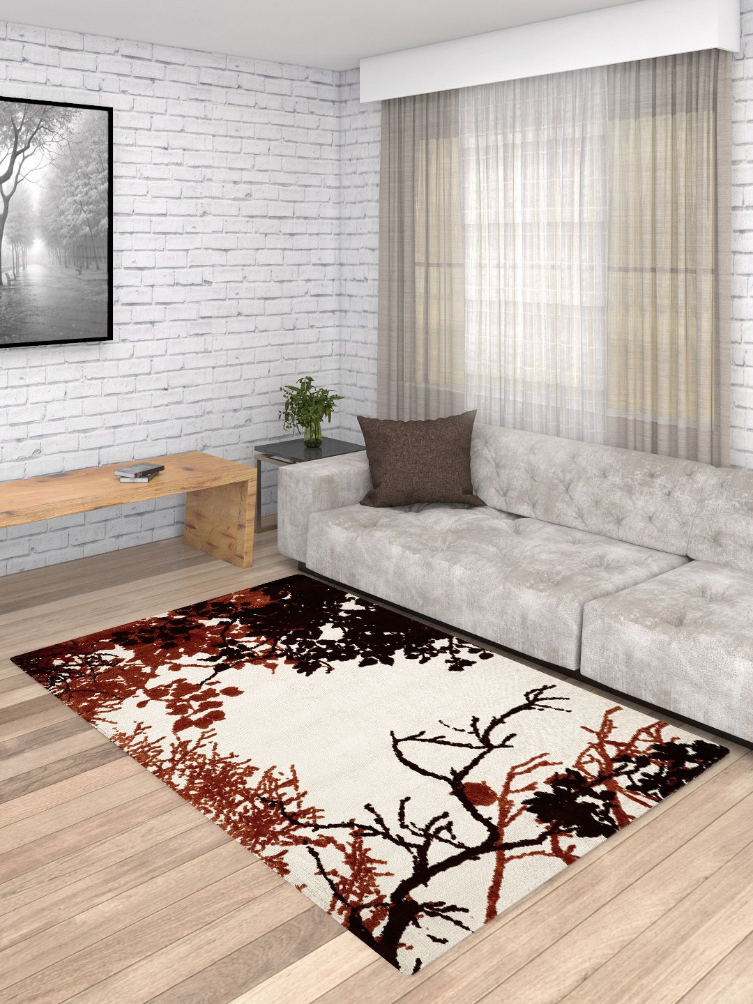 PRESTO Off White & Brown Floral Printed Heavy Shaggy Anti-Skid Carpet Price in India