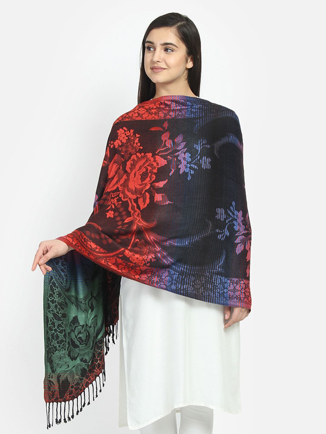 Anekaant Women Black & Red Floral & Striped Reversible Shawl Price in India