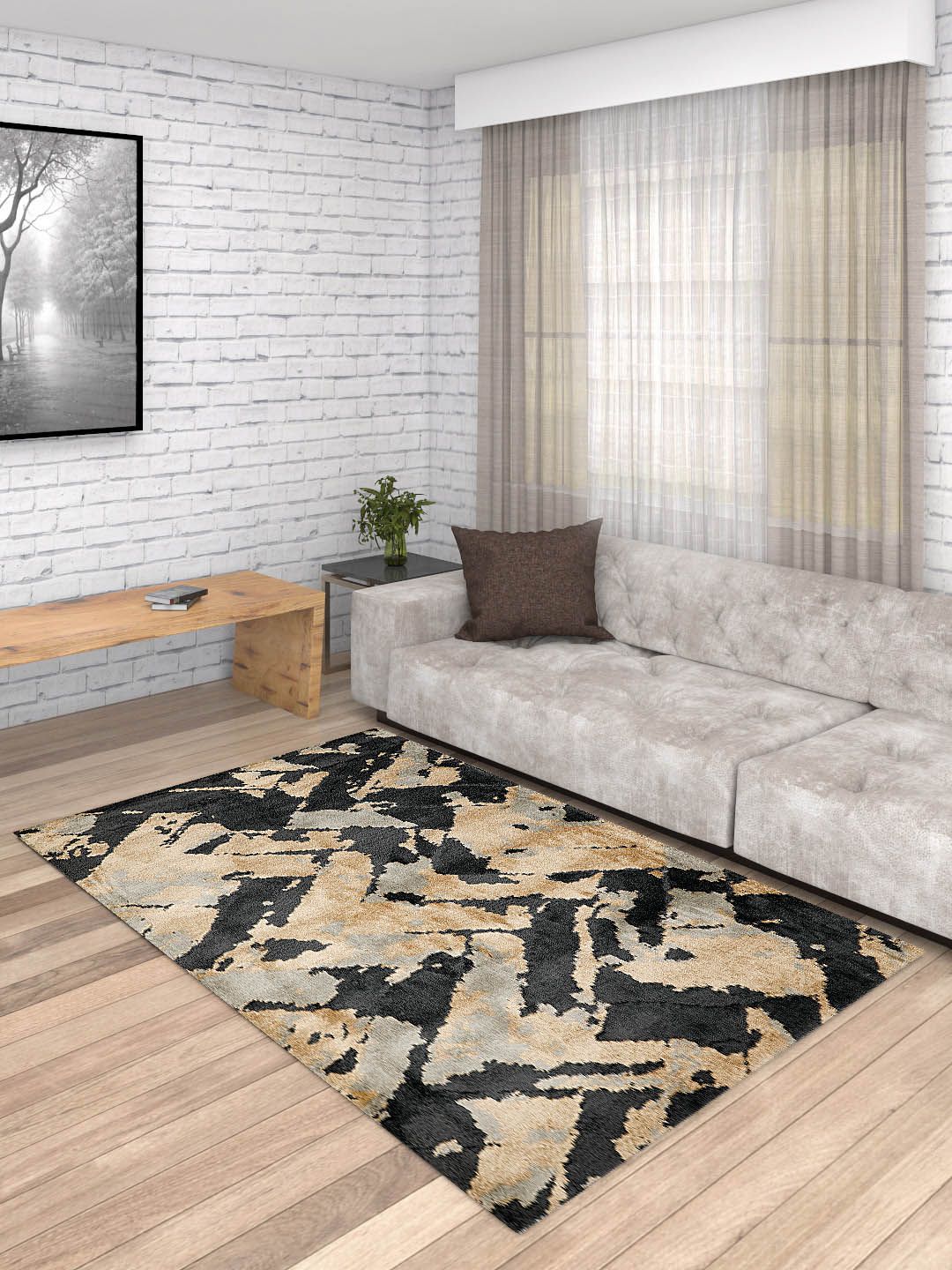 PRESTO Black & Beige Geometric Patterned Anti-Skid Carpet Price in India