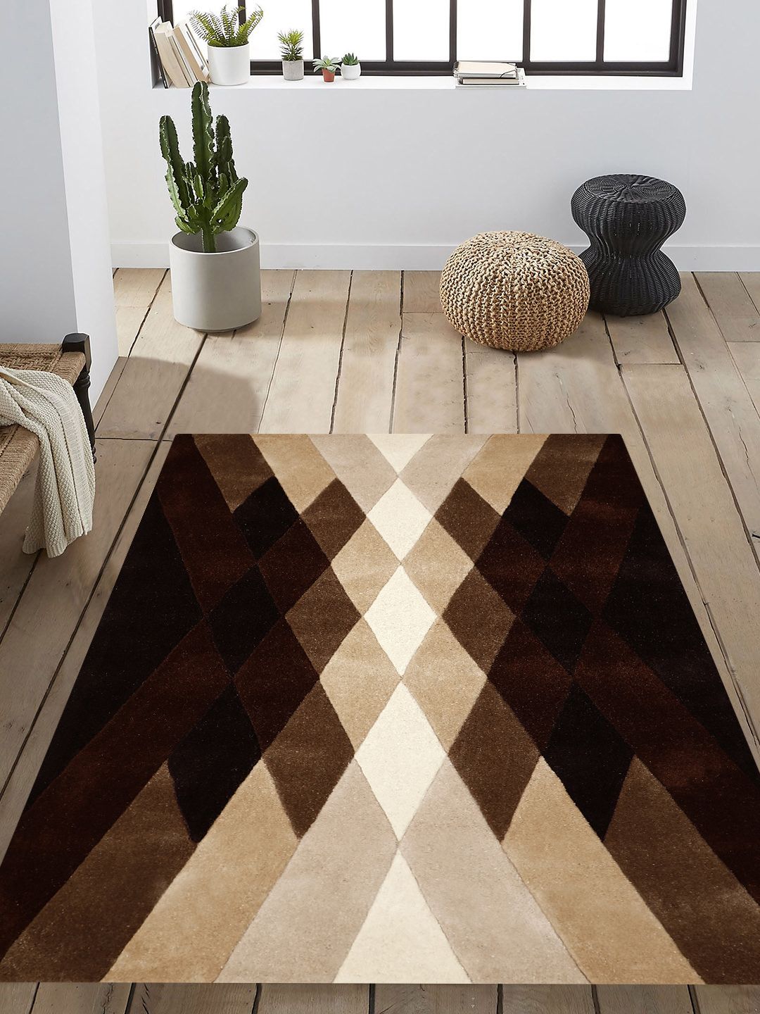 PRESTO Brown & Beige Geometric Patterned Hand Tufted Anti-Skid Woolen Carpet Price in India