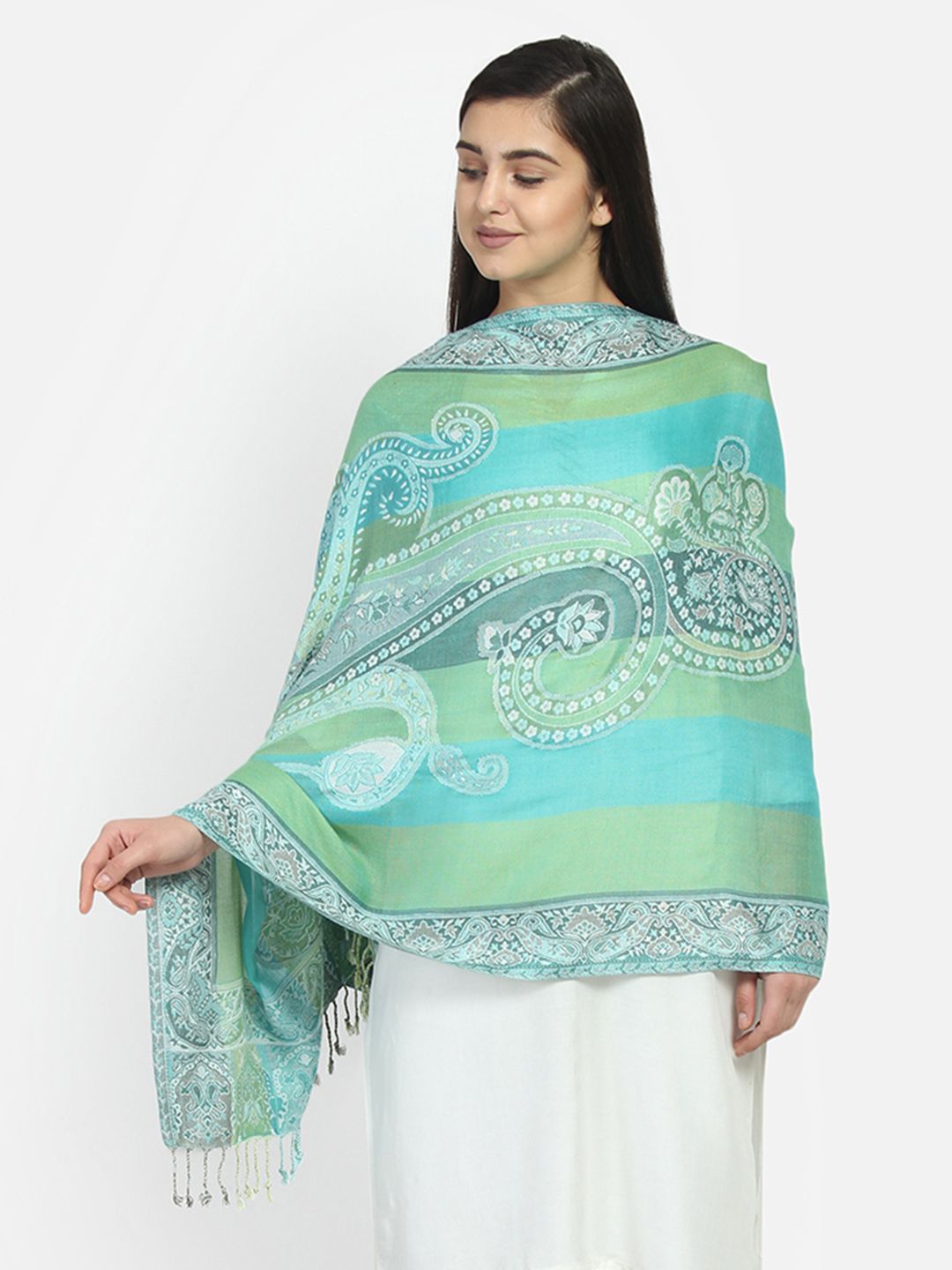 Anekaant Women Green & Sea Green Printed Shawl Price in India