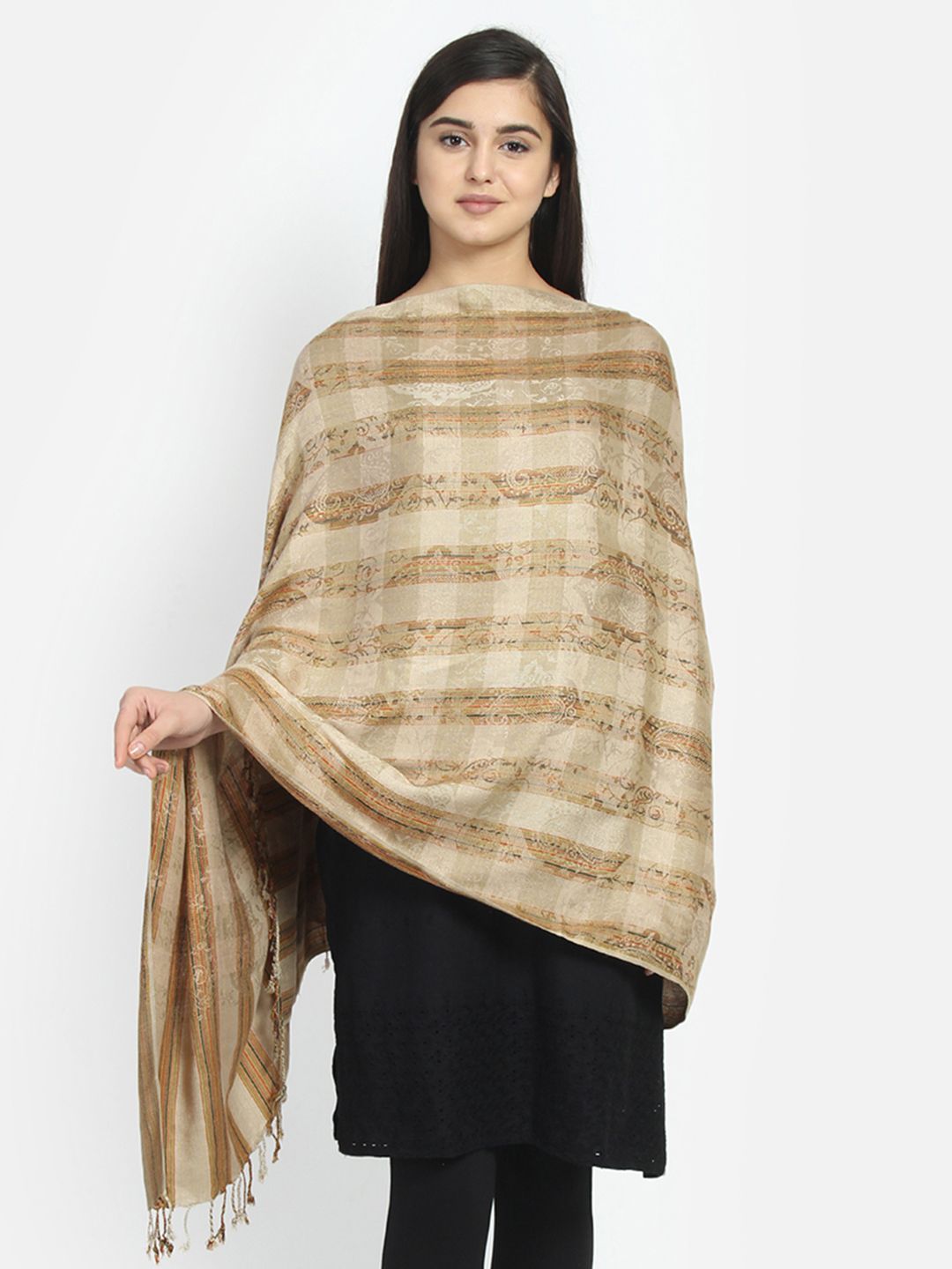 Anekaant Women Beige & Brown Checked Shawl Price in India