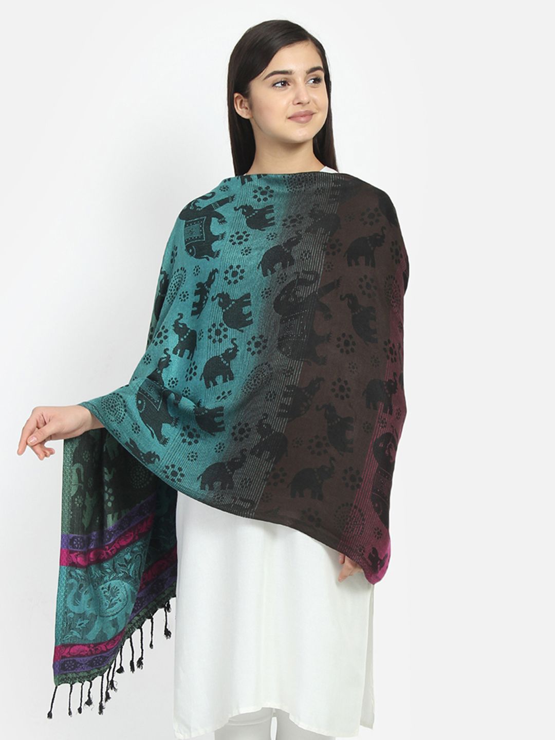 Anekaant Women Black & Green Woven Design Reversible Shawl Price in India