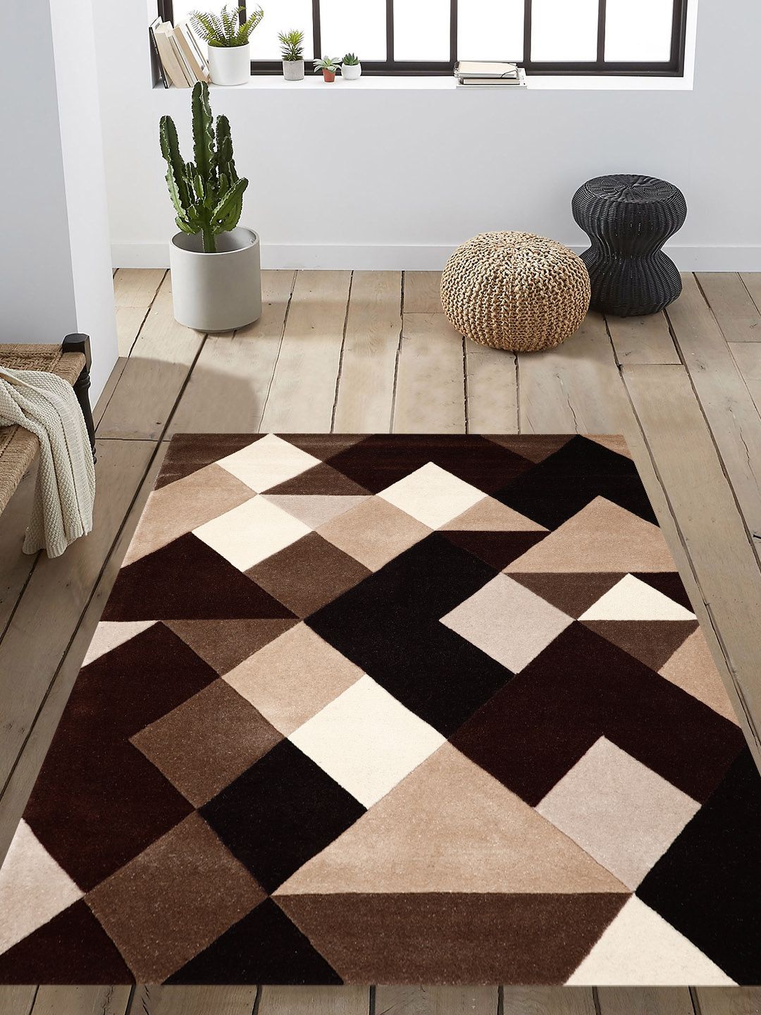 PRESTO Brown & Beige Geometric Patterned Hand-Tufted Anti-Skid Woolen Carpet Price in India