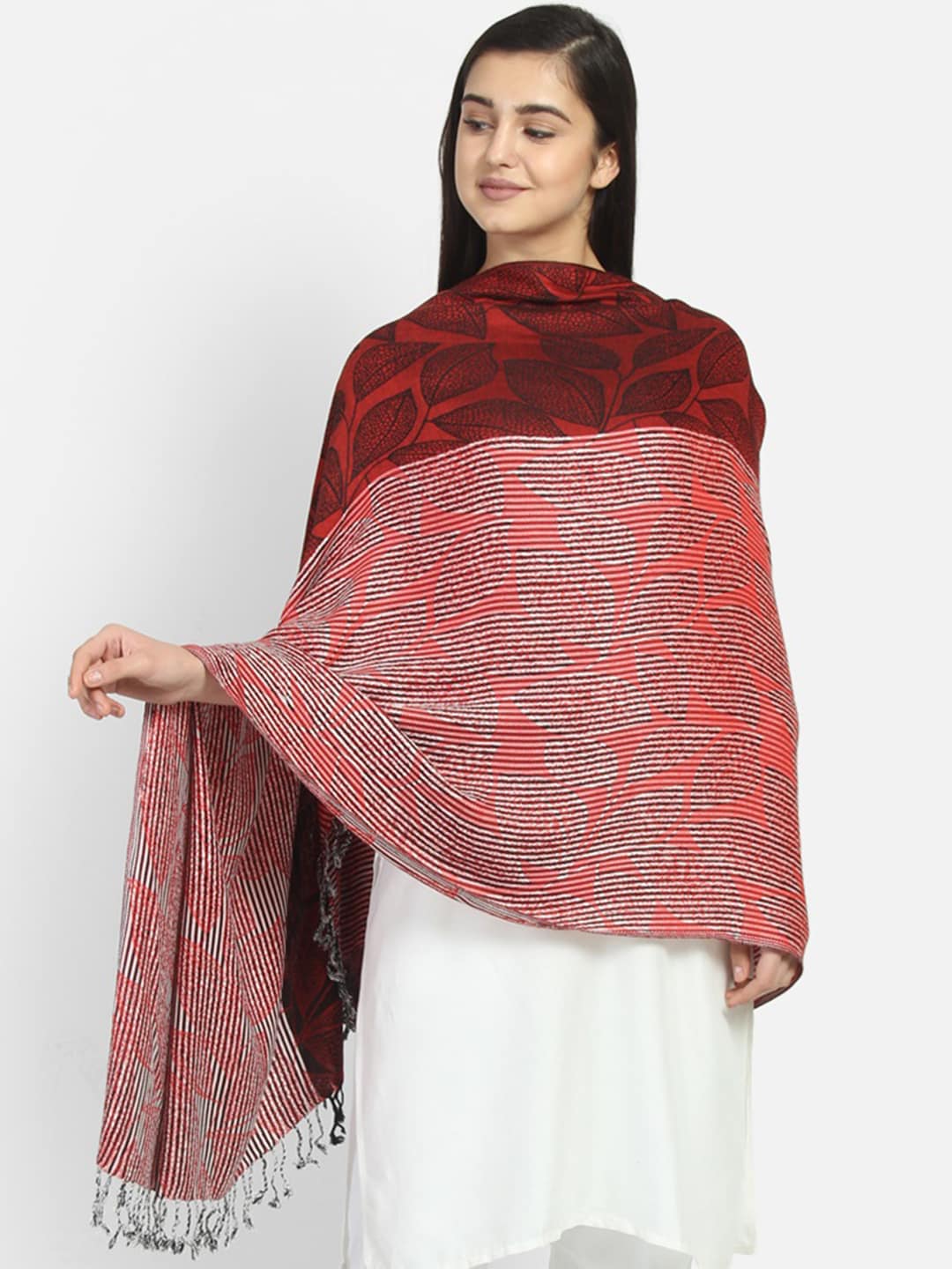 Anekaant Women Red & Black Striped Botanical Shawl Price in India