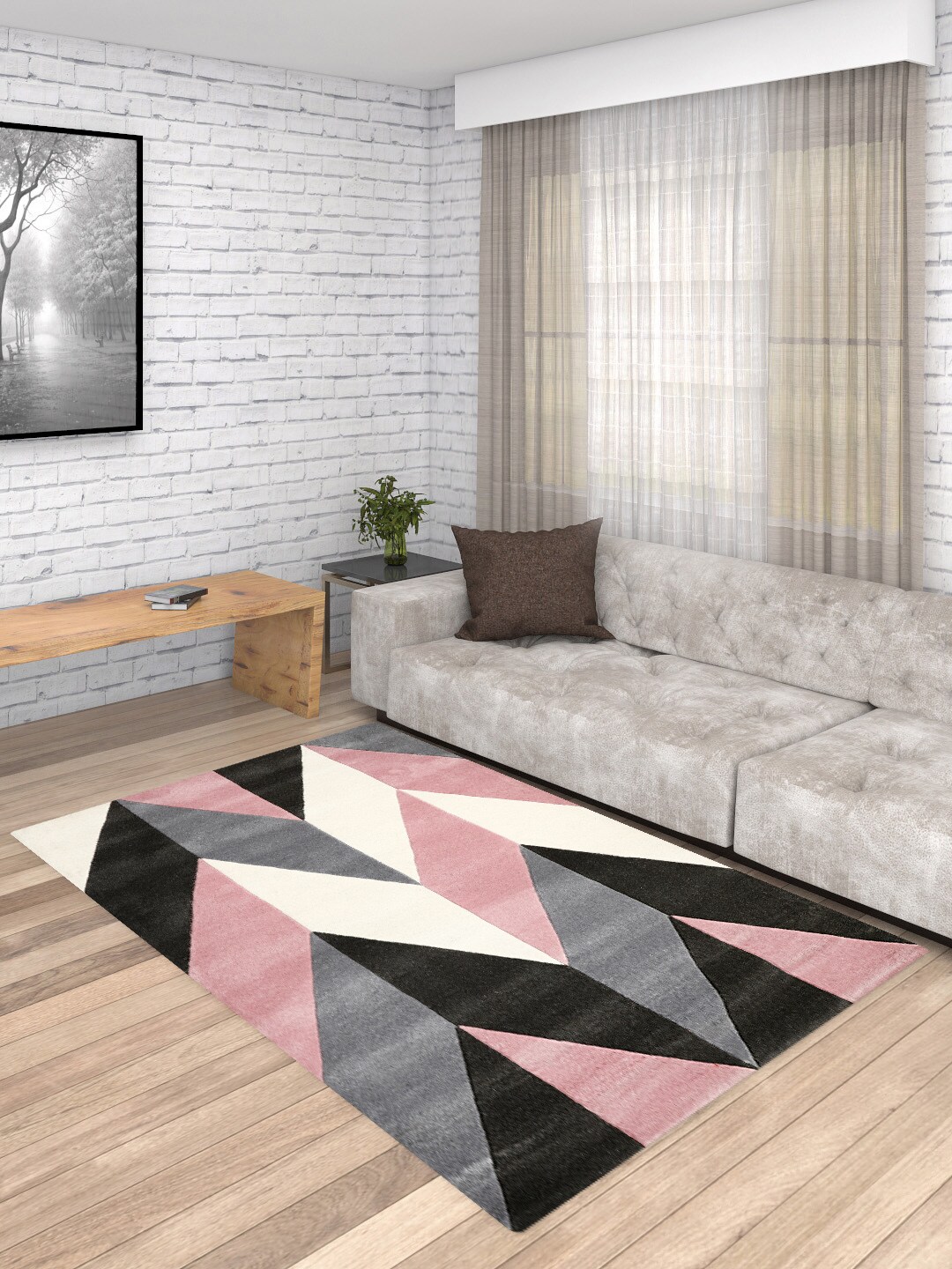 Presto Pink & Grey Geometric Wool Hand Tufted Anti-Skid Carpet Price in India