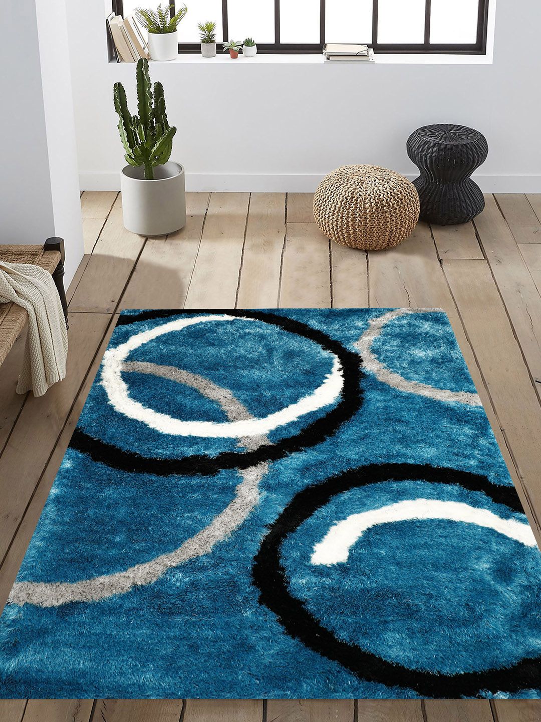 PRESTO Blue & Black Printed Anti-Skid Shaggy Carpet Price in India