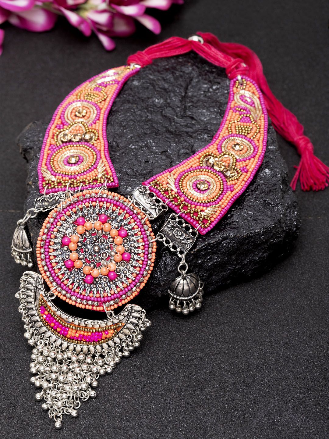 Moedbuille Pink & Orange German Silver Handcrafted Oxidised Afghan Necklace Price in India