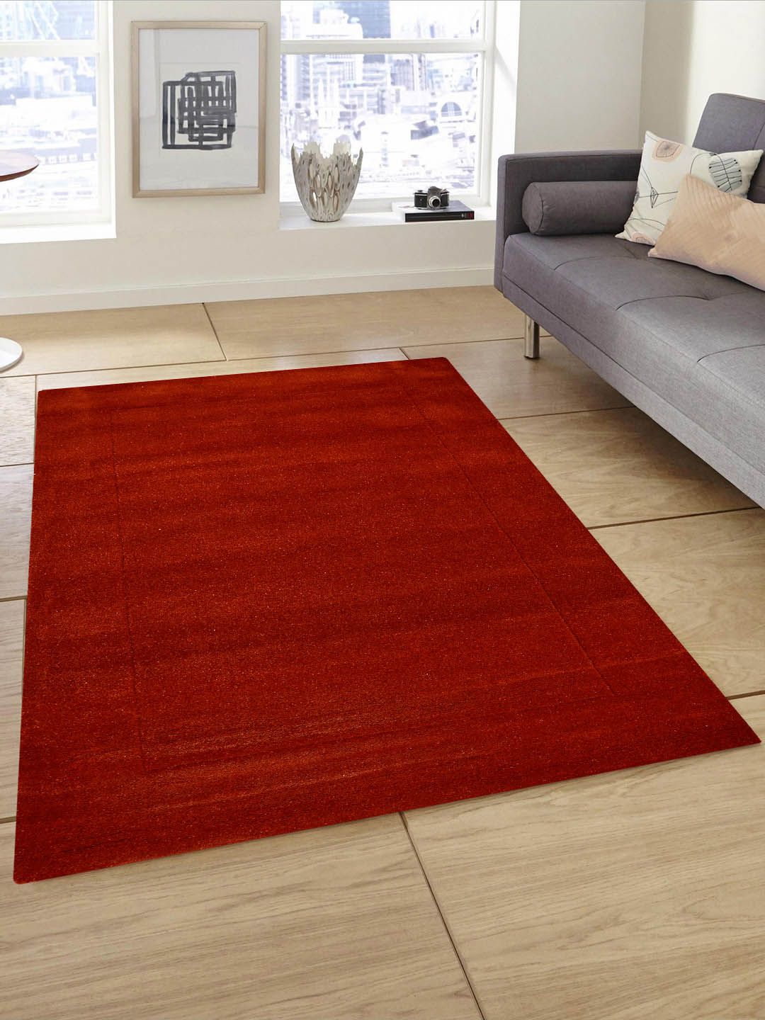 PRESTO Maroon & Orange Solid Hand Tufted Anti-Skid Carpet Price in India