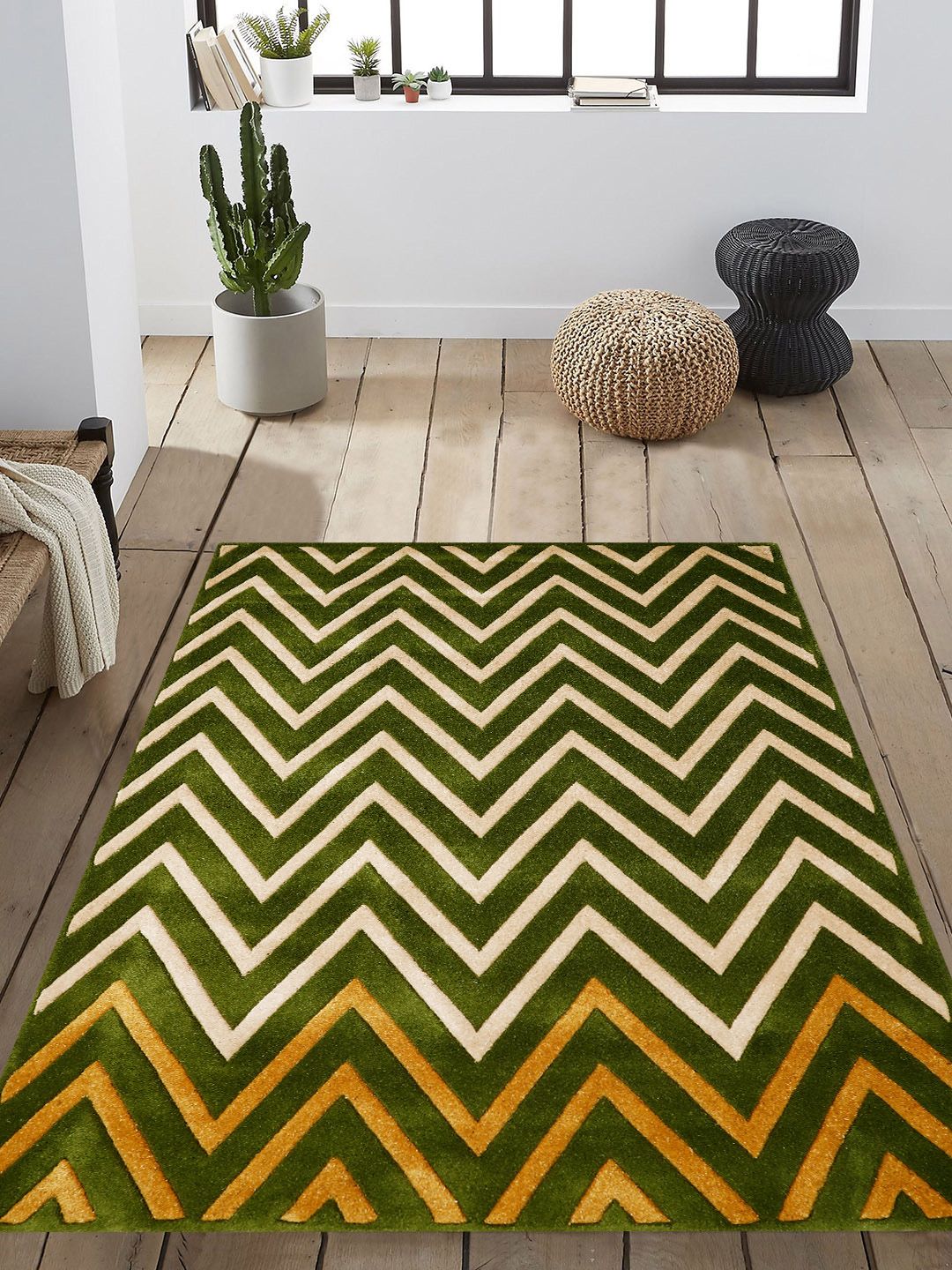 PRESTO Green & Beige Chevron Patterned Hand Tufted Wool Anti-Skid Carpet Price in India